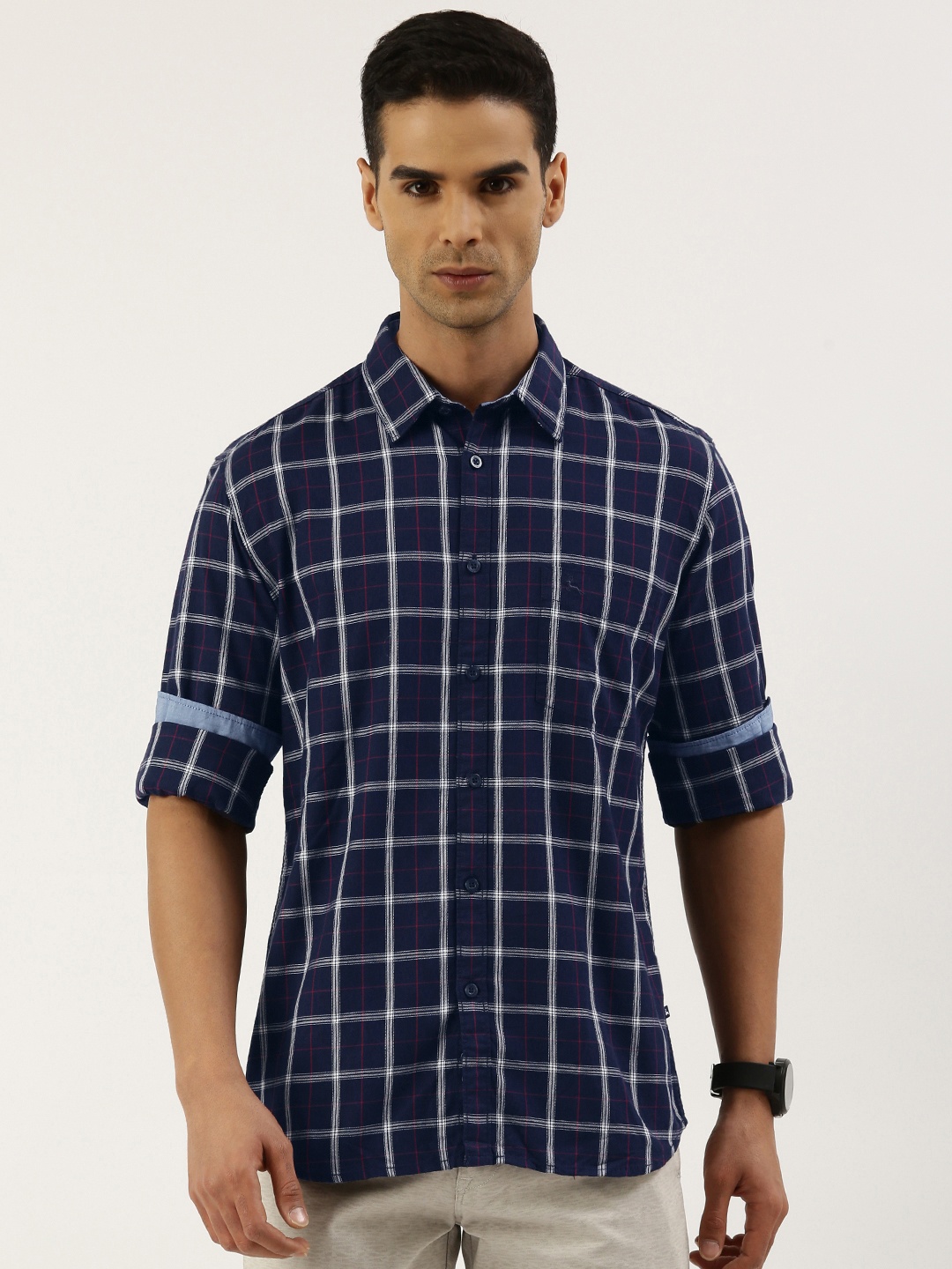 

Parx Men Pure Cotton Slim Fit Opaque Checked Casual Shirt, Blue