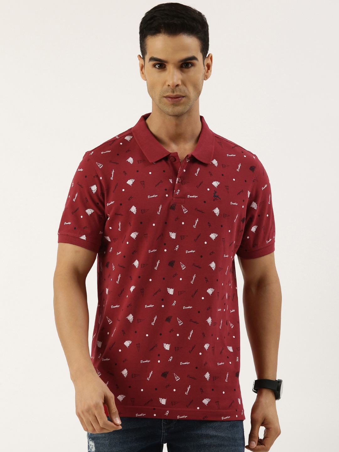 

Parx Graphic Typography Printed Polo Collar Pure Cotton T-shirt, Maroon