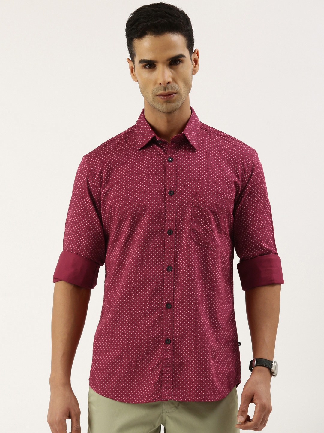 

Parx Men Pure Cotton Slim Fit Opaque Printed Casual Shirt, Red