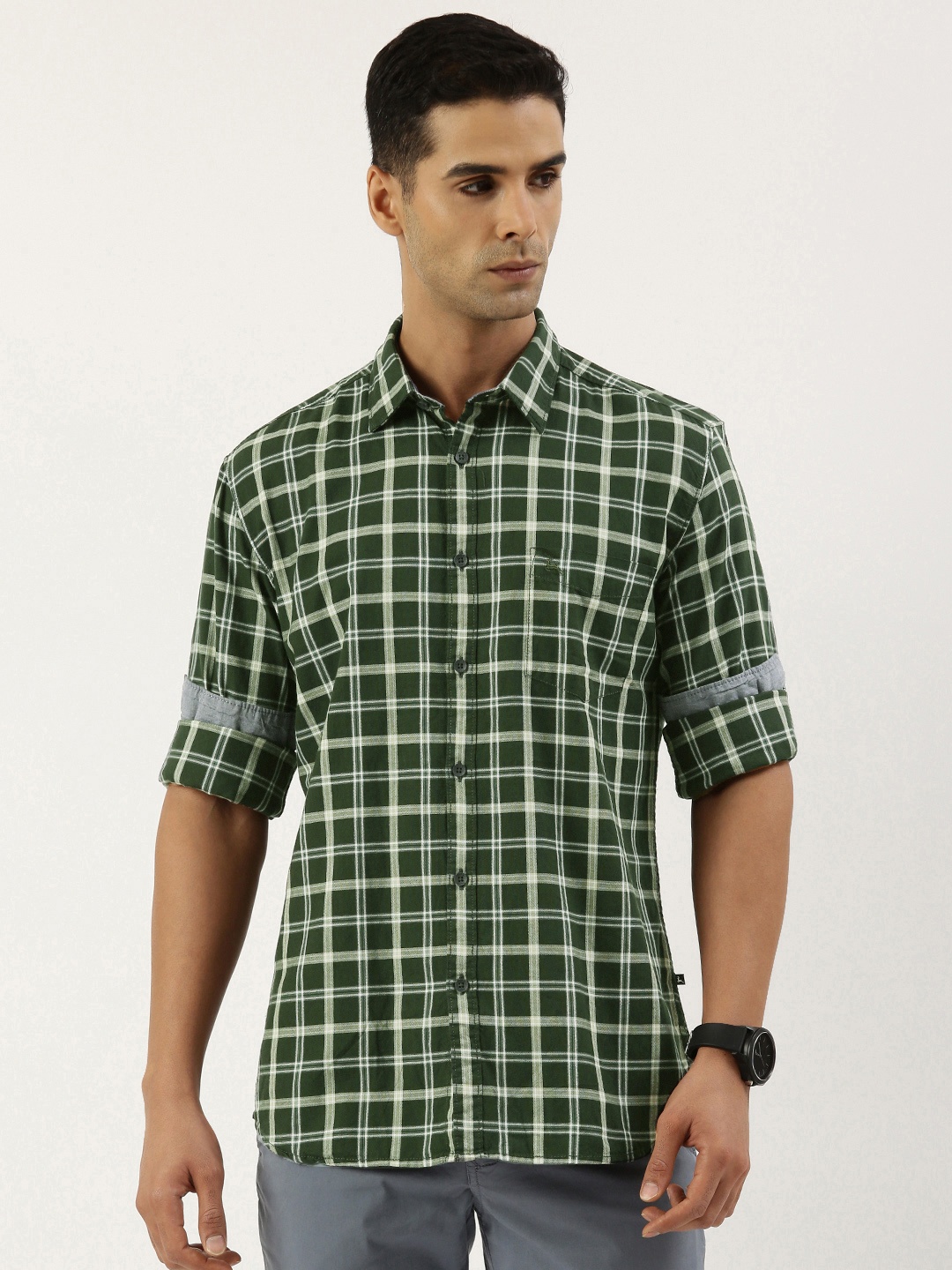 

Parx Slim Fit Pure Cotton Checked Casual Shirt, Olive