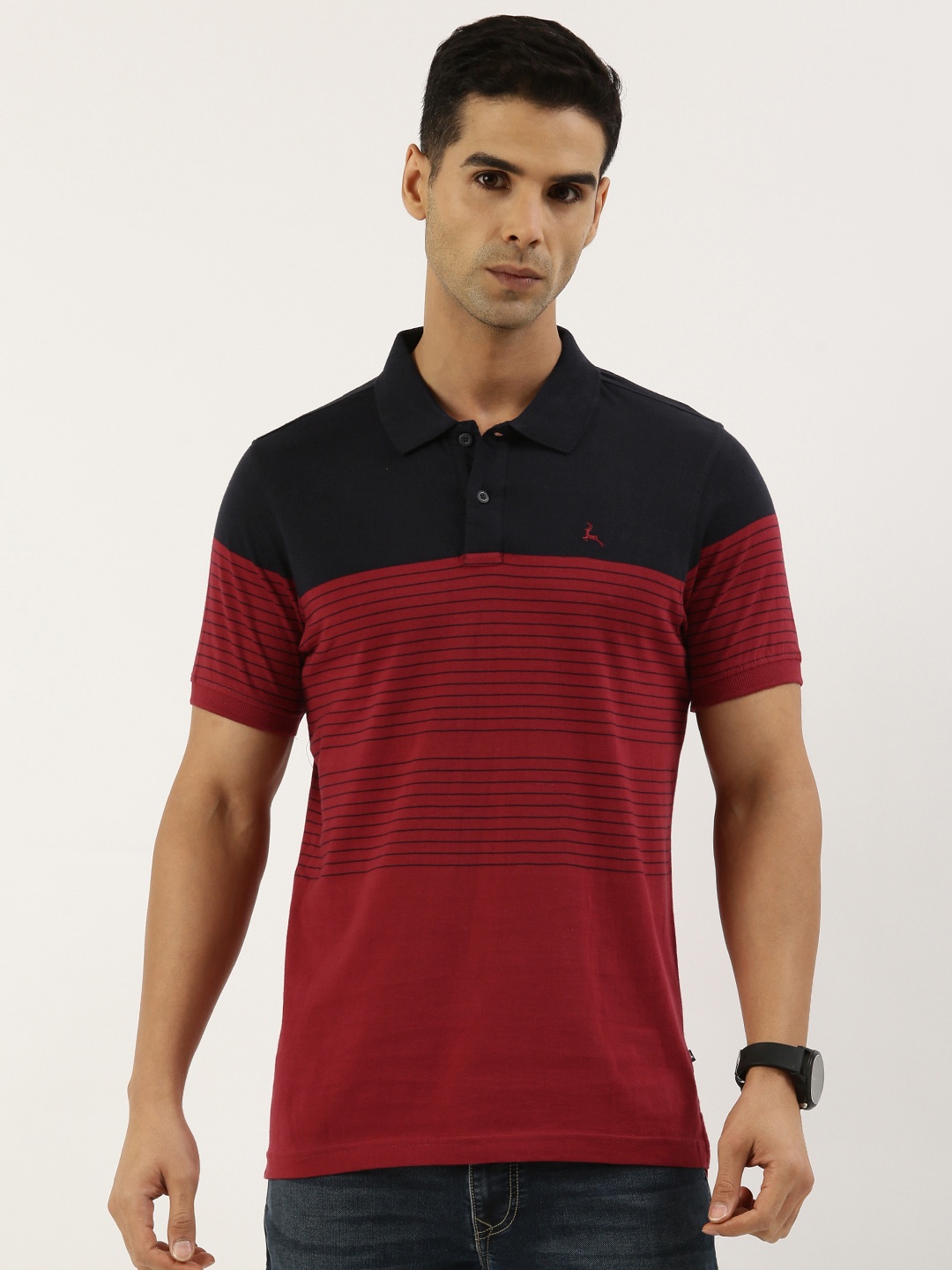 

Parx Men Pure Cotton Striped Polo Collar T-shirt, Navy blue