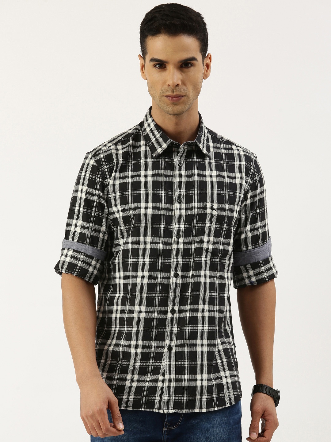 

Parx Pure Cotton Slim Fit Checked Casual Shirt, Black