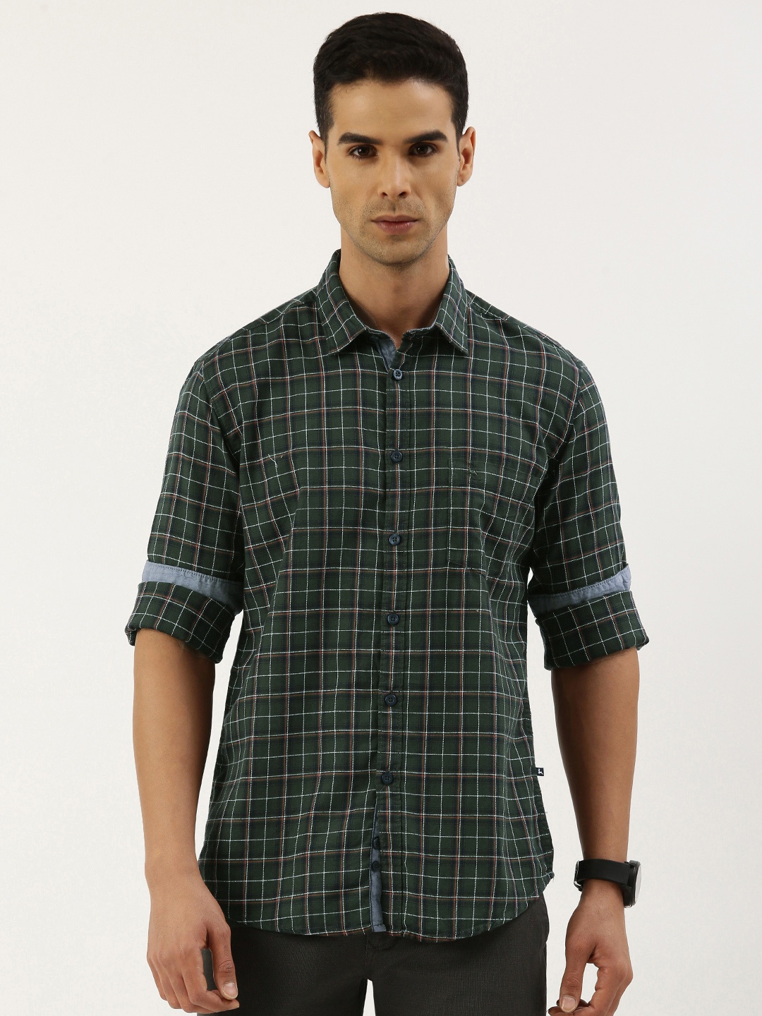 

Parx Slim Fit Checked Pure Cotton Formal Shirt, Green