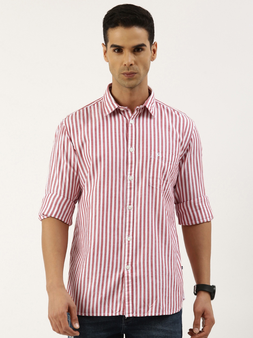 

Parx Slim Fit Striped Pure Cotton Formal Shirt, Red