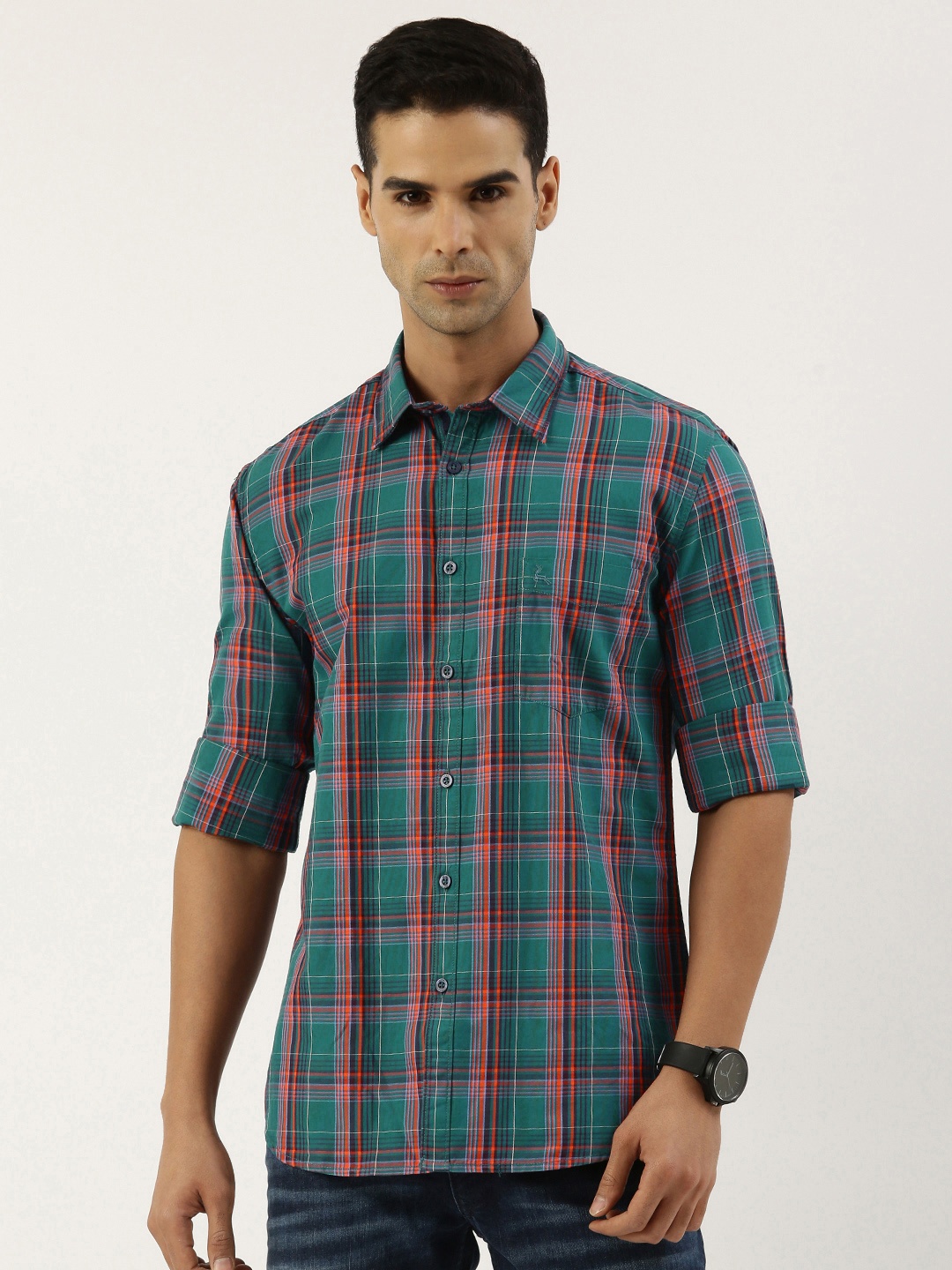 

Parx Slim Fit Pure Cotton Checked Casual Shirt, Teal