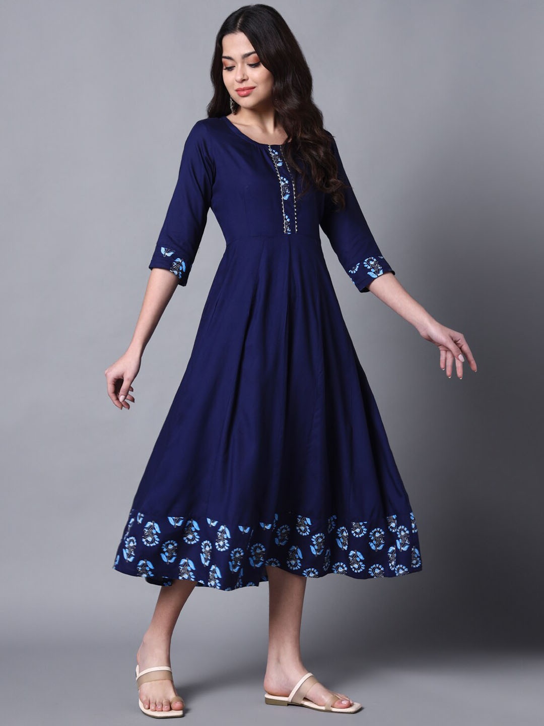 

KALINI Floral Printed Gotta Patti Fit & Flare Ethnic Dress, Navy blue