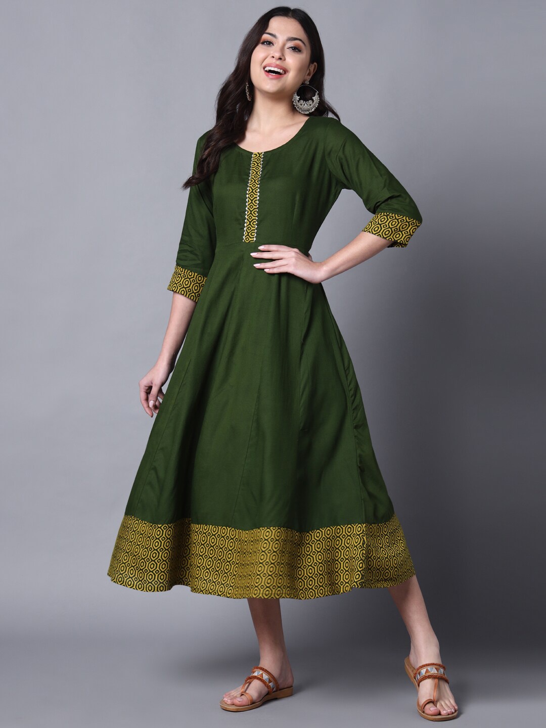 

KALINI Geometric Printed Gotta Patti Fit & Flare Ethnic Dress, Olive