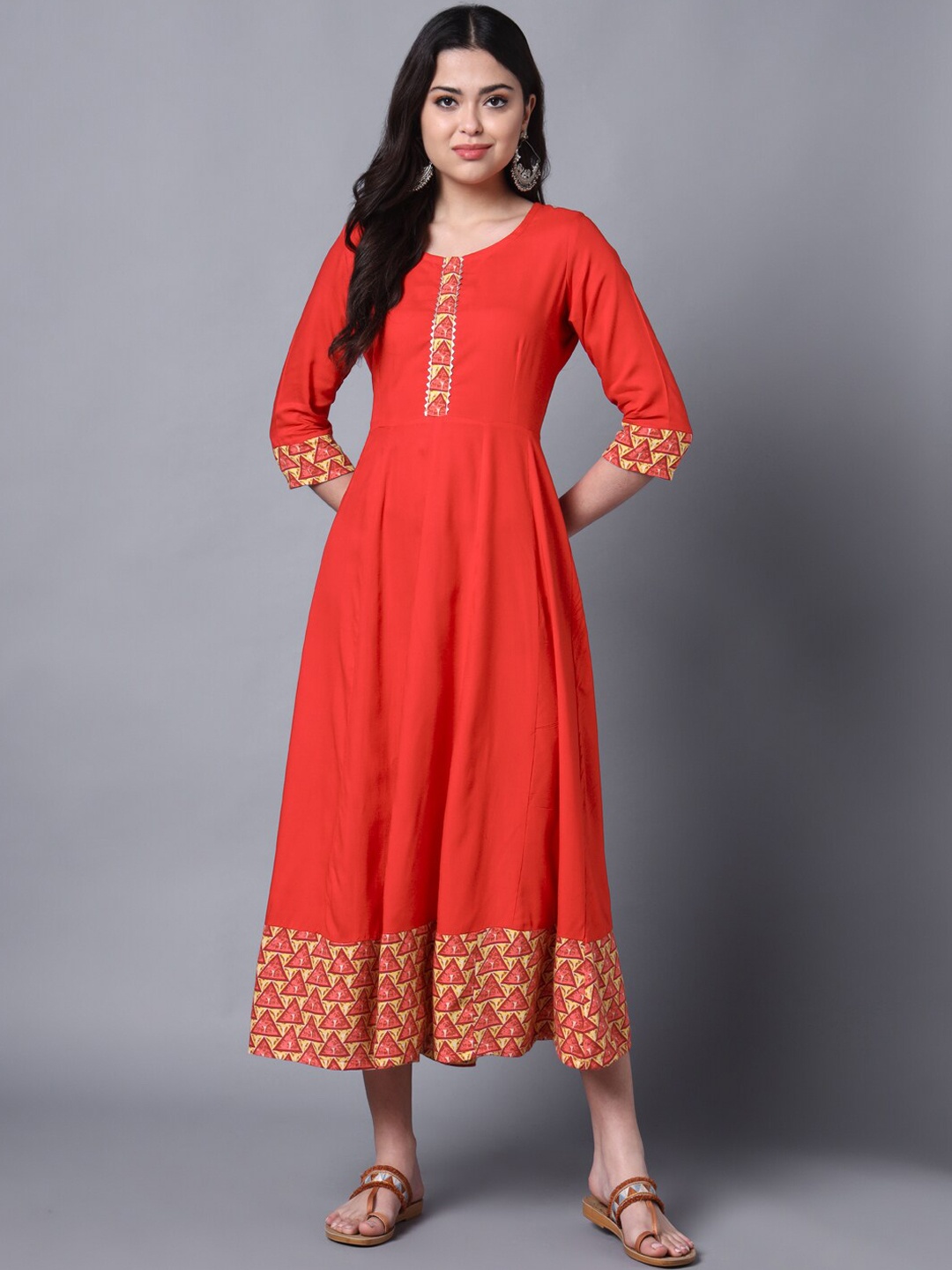 

KALINI Geometric Printed Gotta Patti Fit & Flare Midi Ethnic Dress, Red