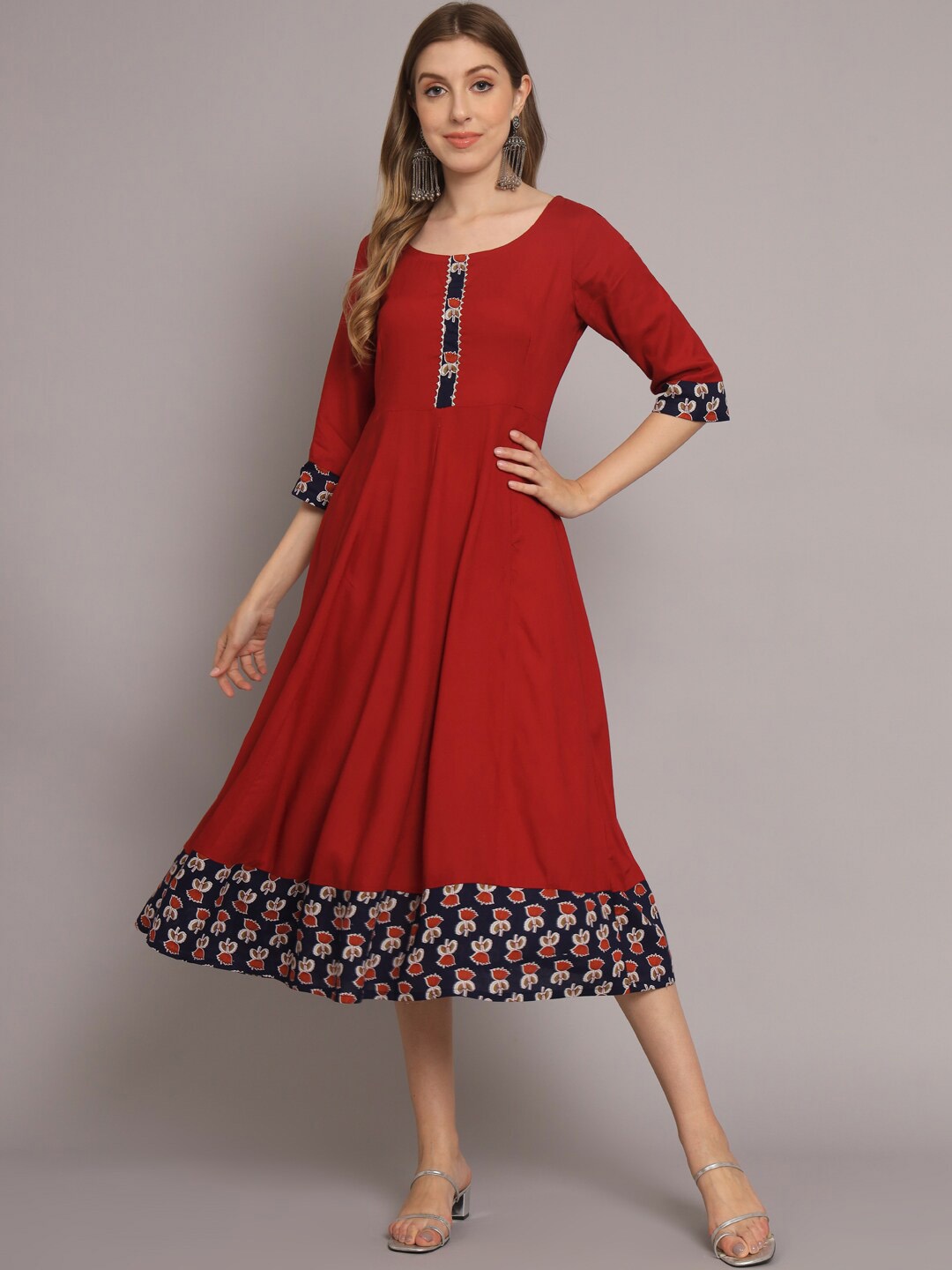 KALINI Ethnic Motifs Printed Gotta Patti Fit & Flare Midi Ethnic Dress, Red