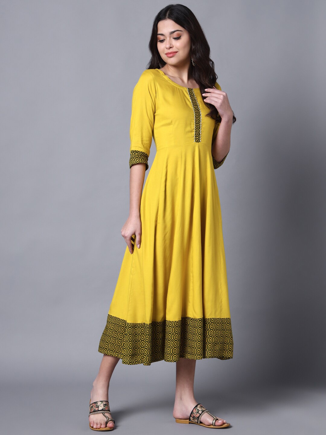 

KALINI Geometric Printed Gotta Patti Fit & Flare Midi Ethnic Dress, Yellow