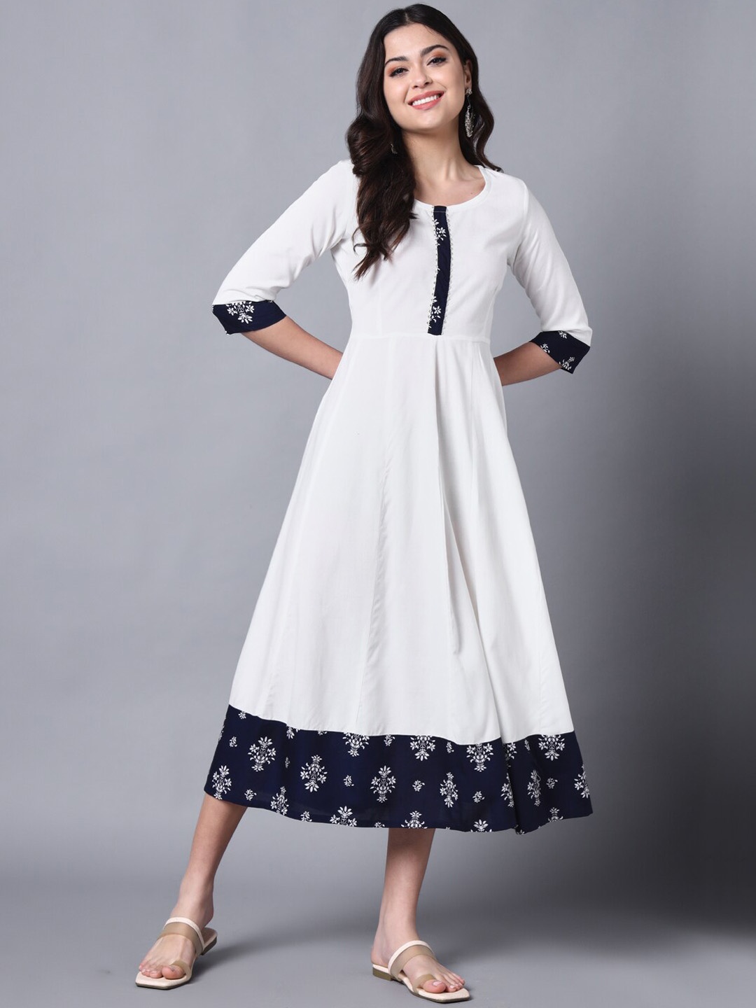 

KALINI Floral Printed Gotta Patti Fit & Flare Midi Ethnic Dress, White