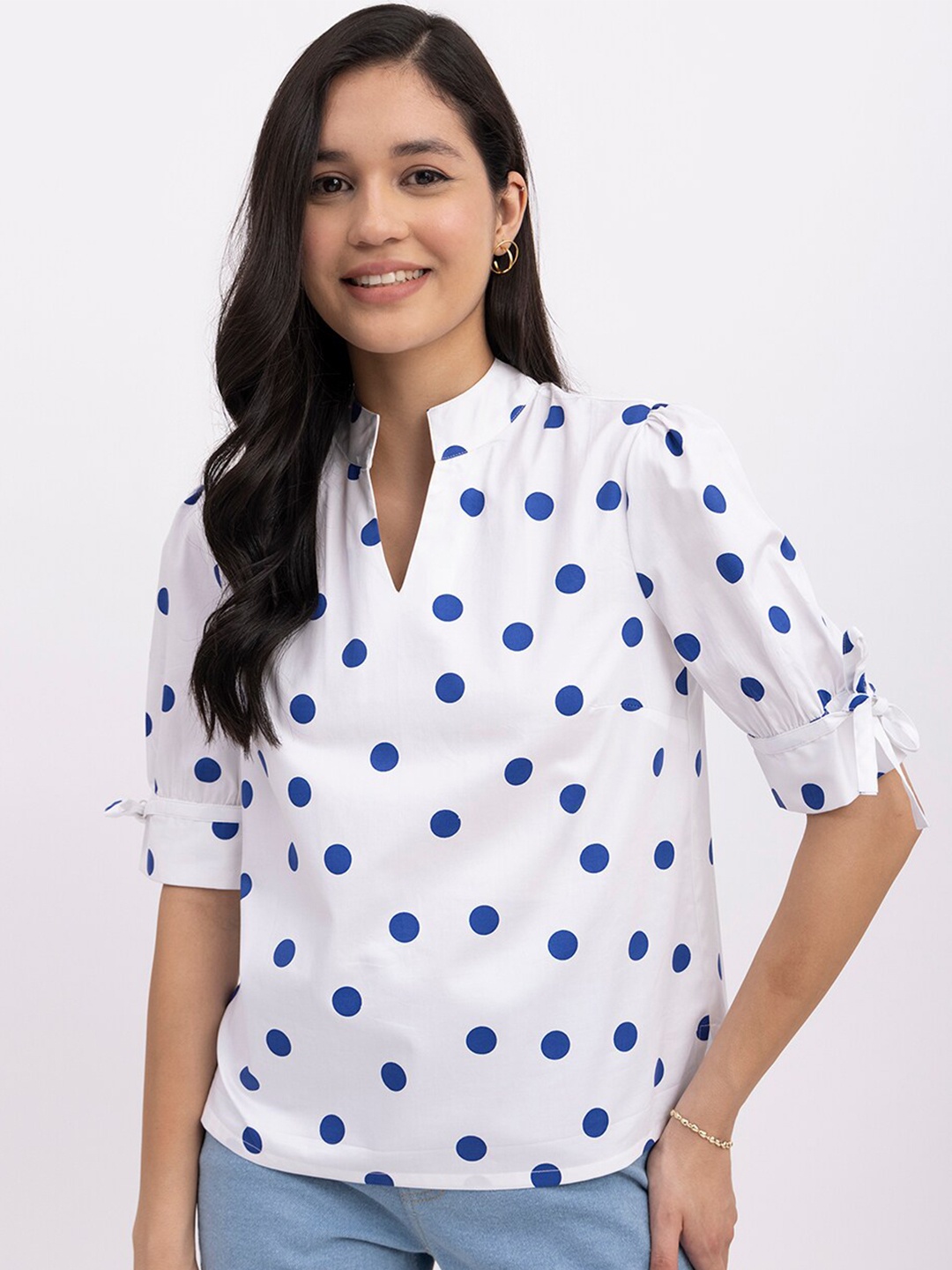 

FableStreet Polka Dot Printed Mandarin Collar Puff Sleeves Cotton Top, White