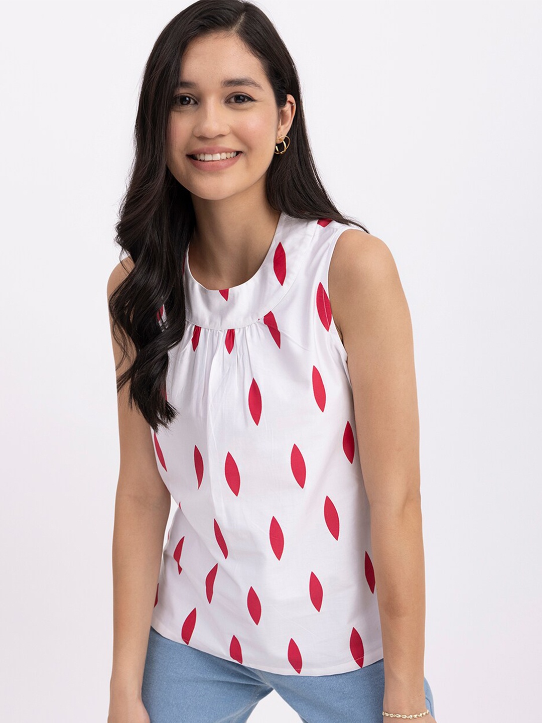 

FableStreet Sleeveless Geometric Printed Pure Cotton Top, White