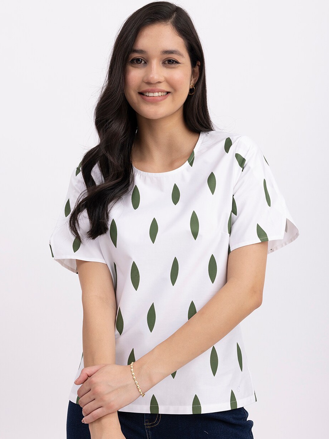 

FableStreet Slit Sleeves Geometric Printed Pure Cotton Top, White