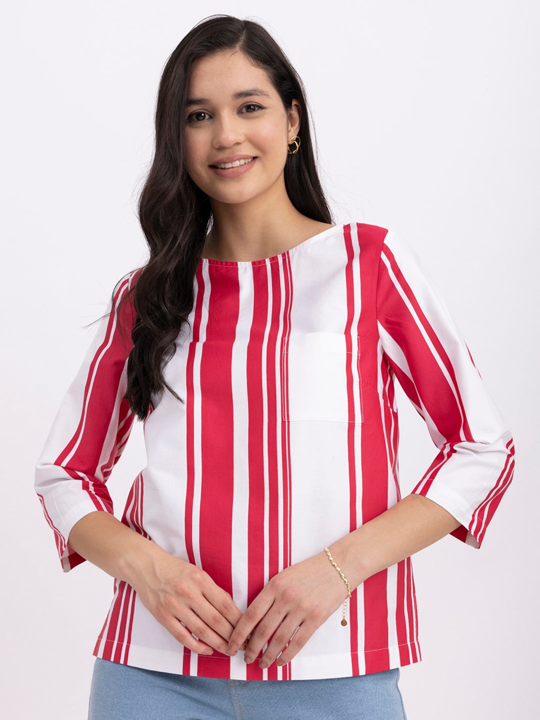 

FableStreet Vertical Striped Boat Neck Pure Cotton Cotton Top, White