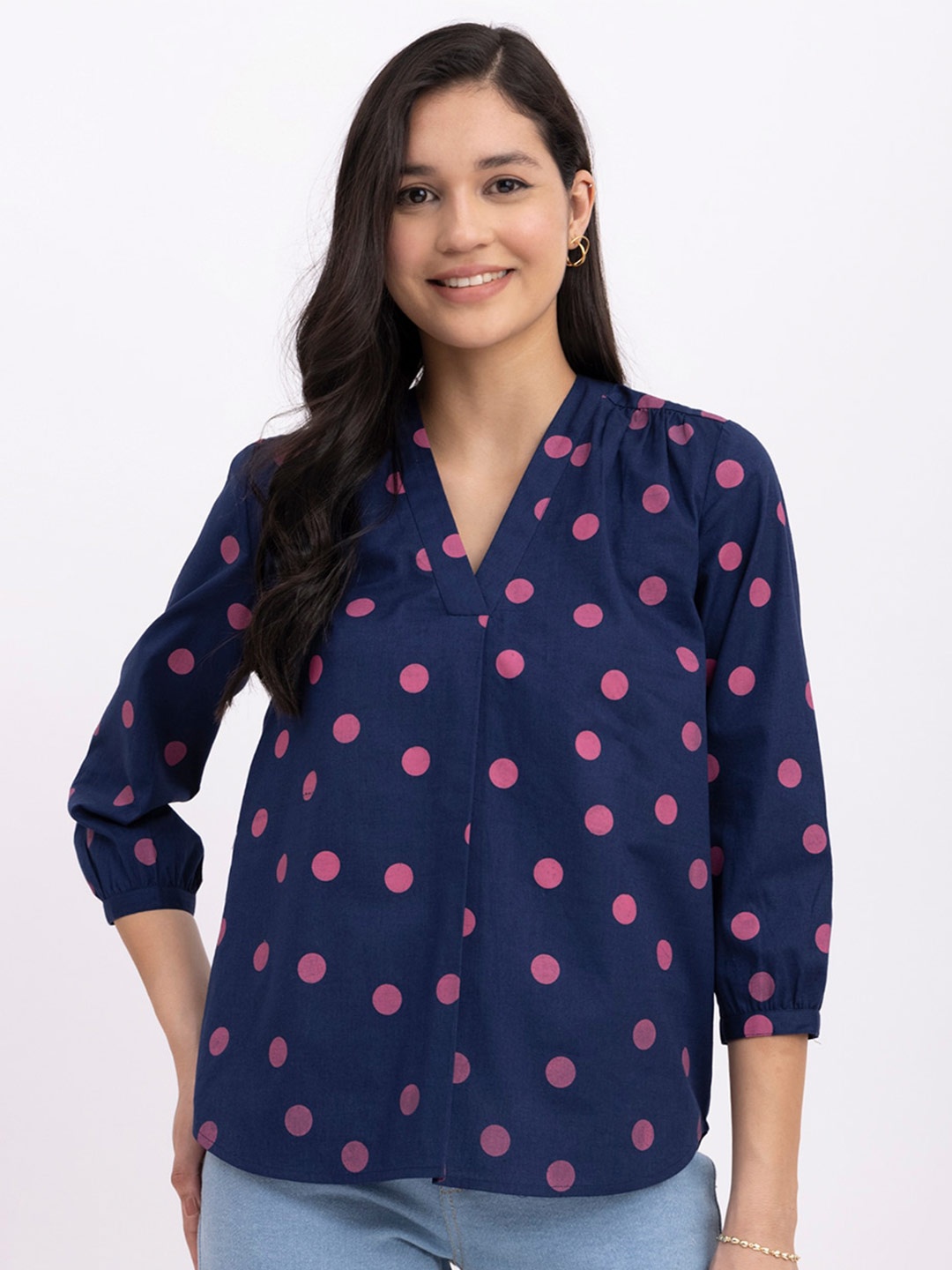 

FableStreet Polka Dot Printed V-Neck Linen Top, Navy blue
