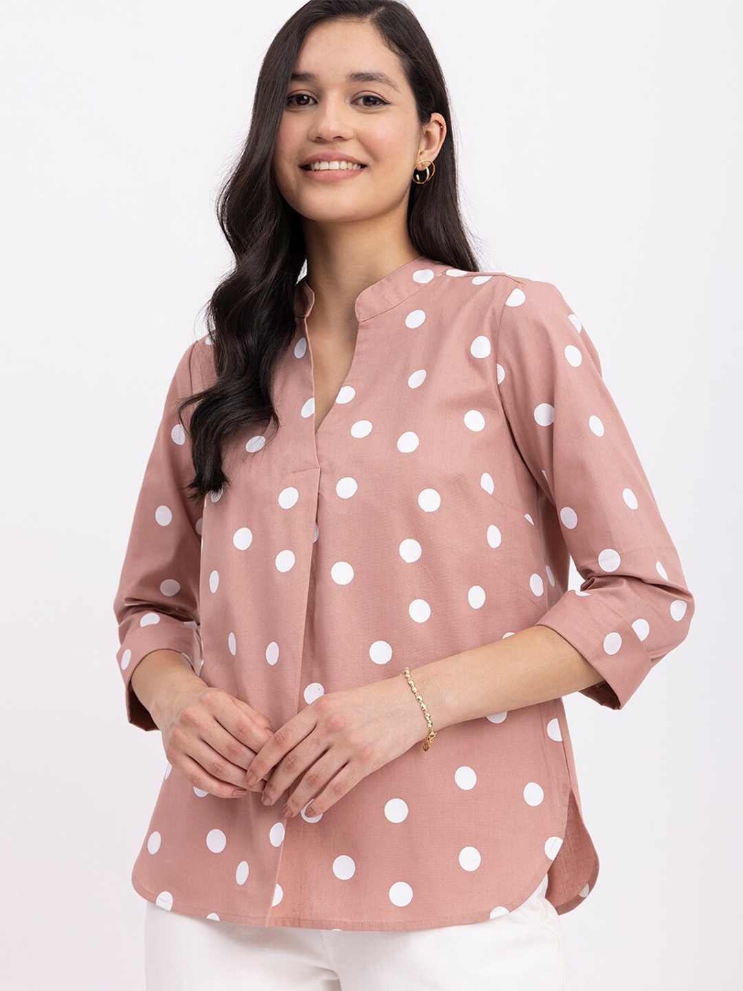 

FableStreet Polka Dot Printed Mandarin Collar Top, Pink