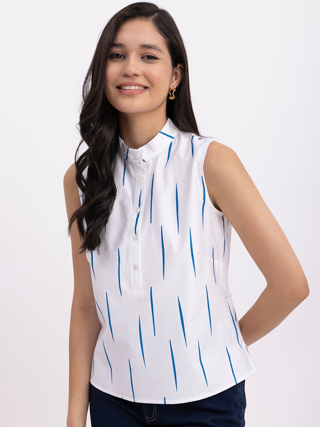 

FableStreet Printed Mandarin Collar Cotton Top, White