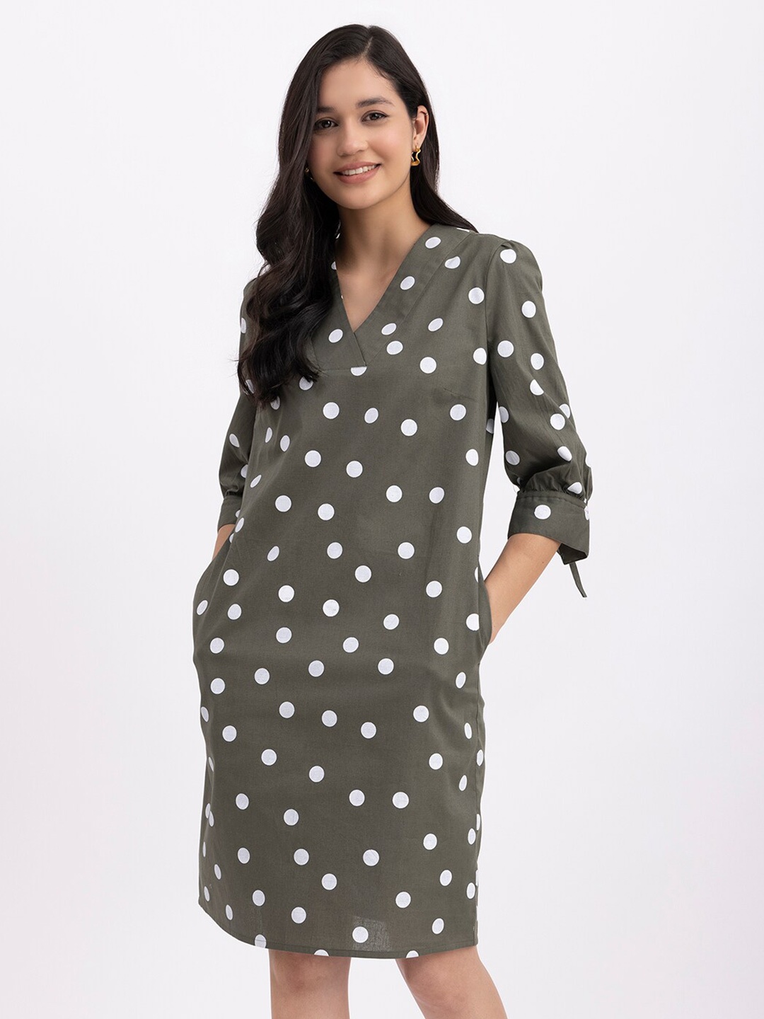 

FableStreet V-Neck Polka Dot Print Linen Formal Dress, Olive