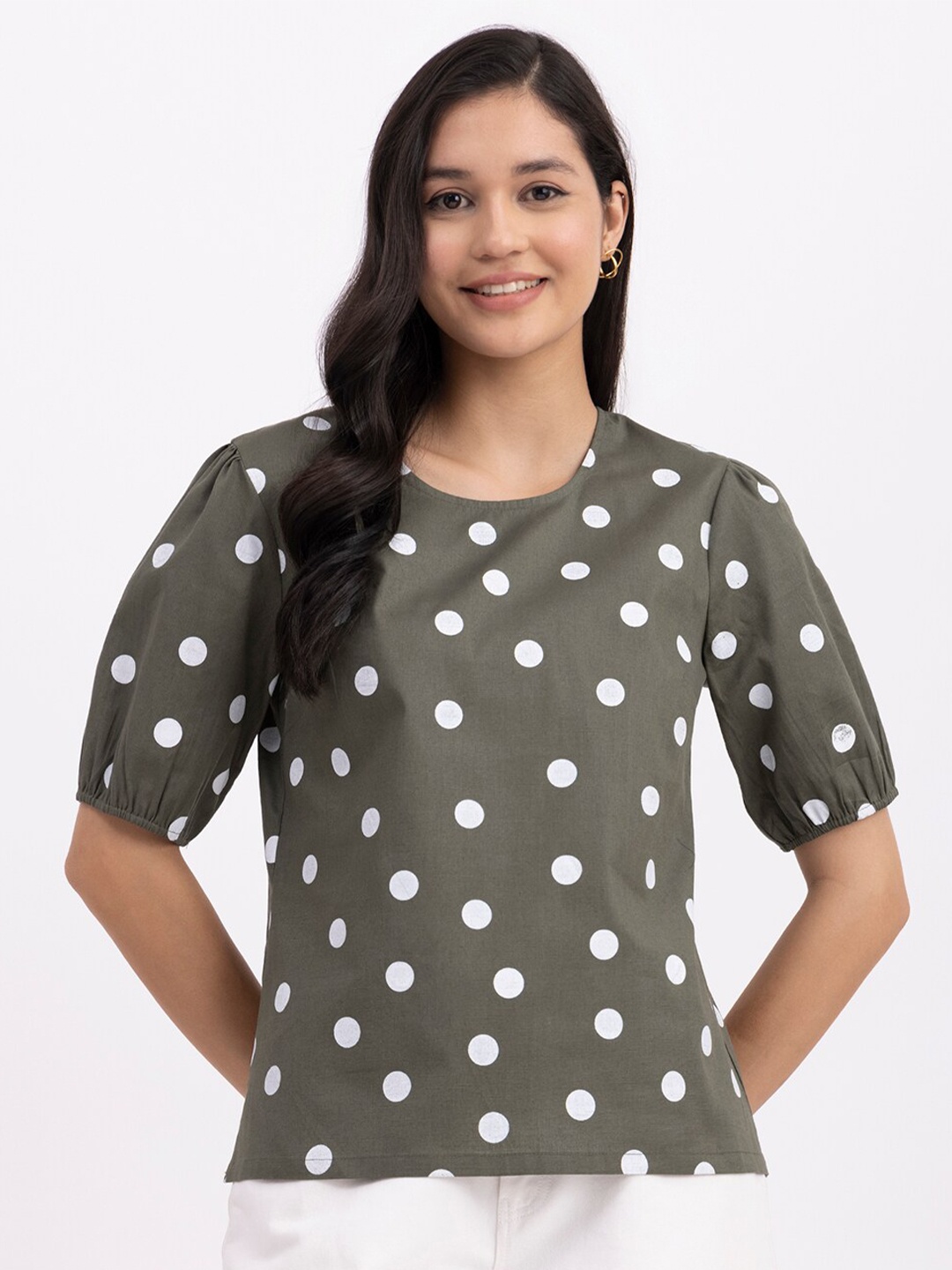 

FableStreet Polka Dot Printed Puff Sleeve Top, Olive