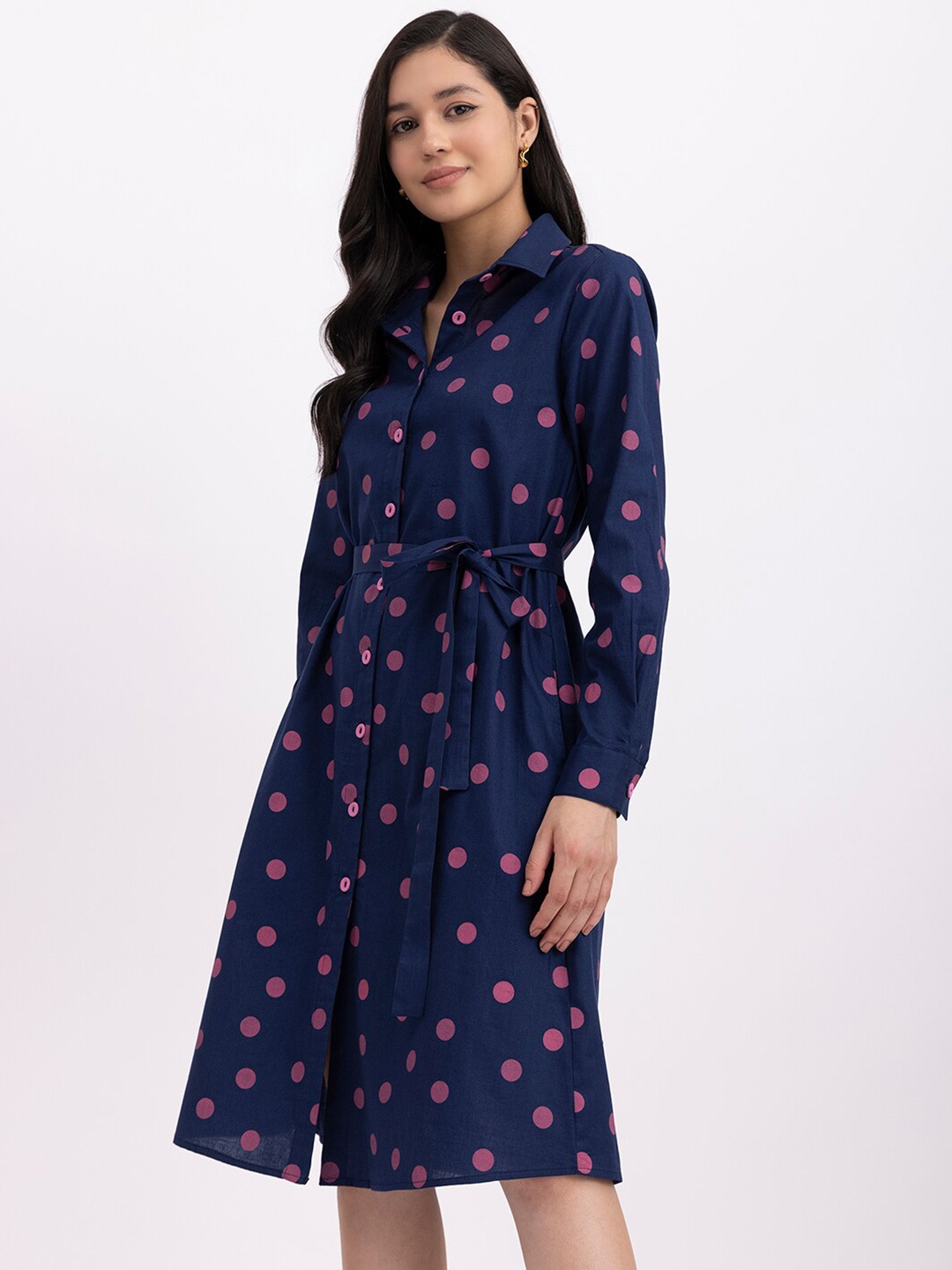 

FableStreet Polka Dots Printed Linen Shirt Dress With Belt, Navy blue