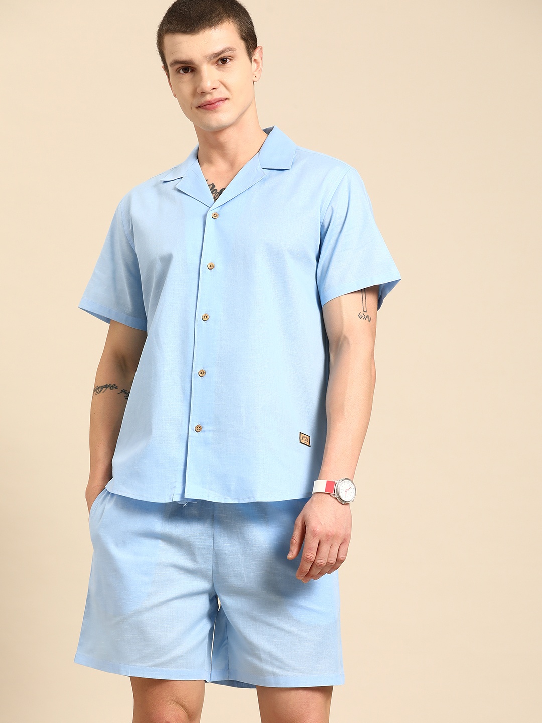 

Dennison Solid Cuban Collar Comfort Fit Shirt With Shorts Co-ords, Blue