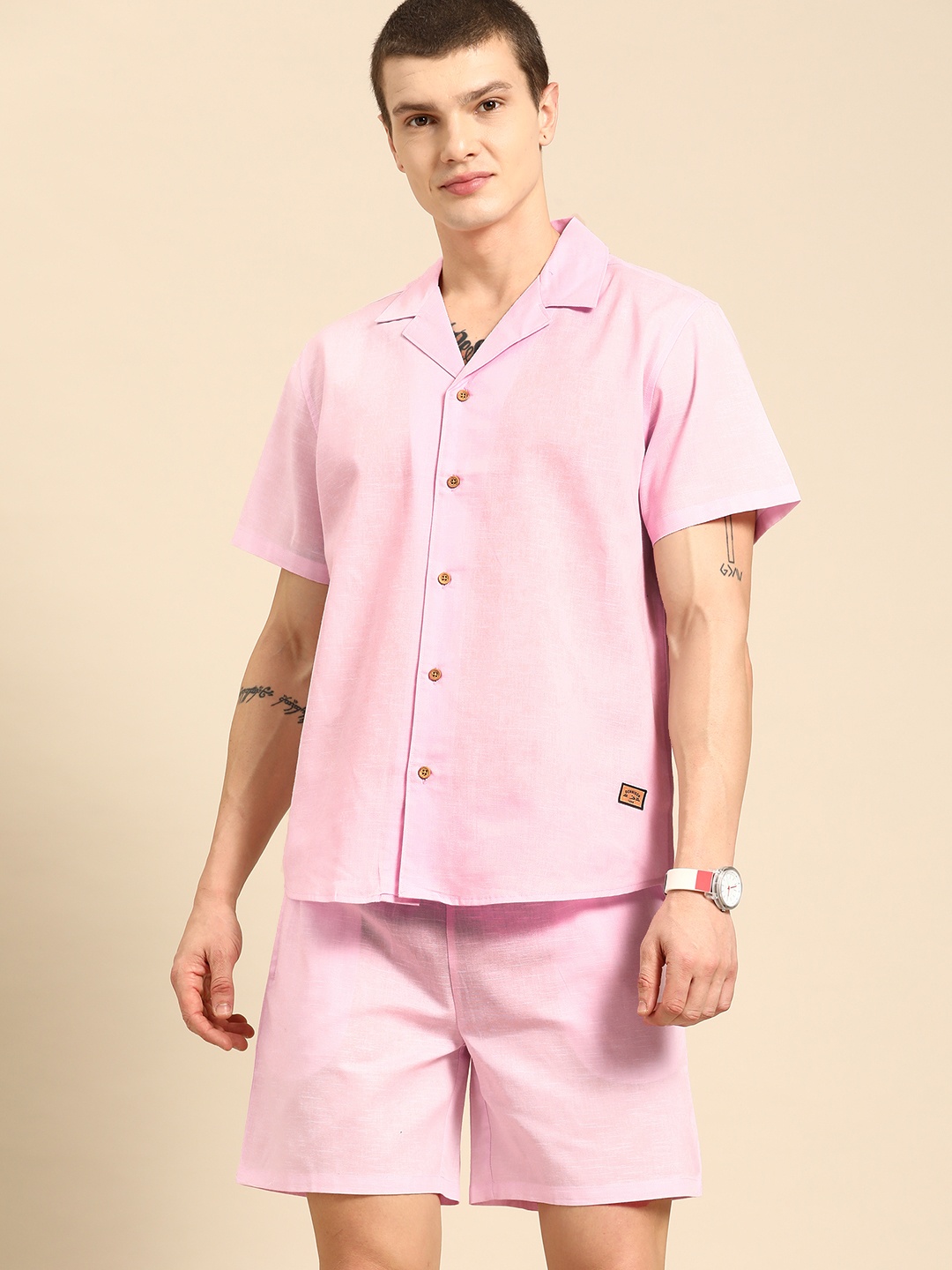 

Dennison Solid Cuban Collar Comfort Fit Shirt With Shorts Co-ords, Pink