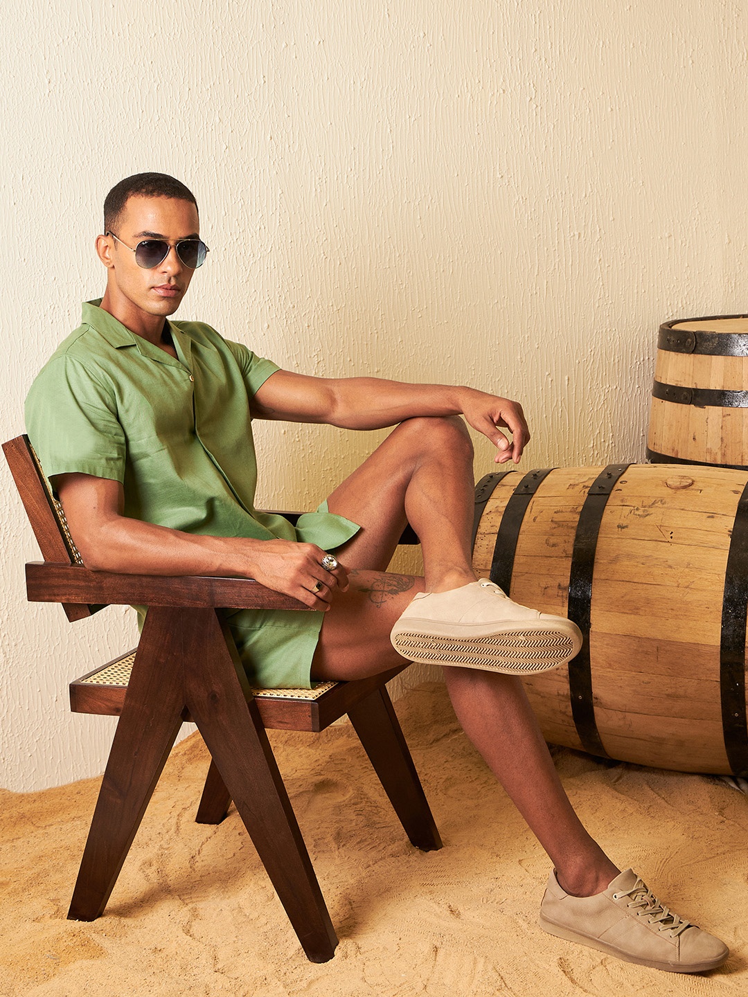 

Dennison Solid Cuban Collar Comfort Fit Shirt With Shorts Co-ords, Green