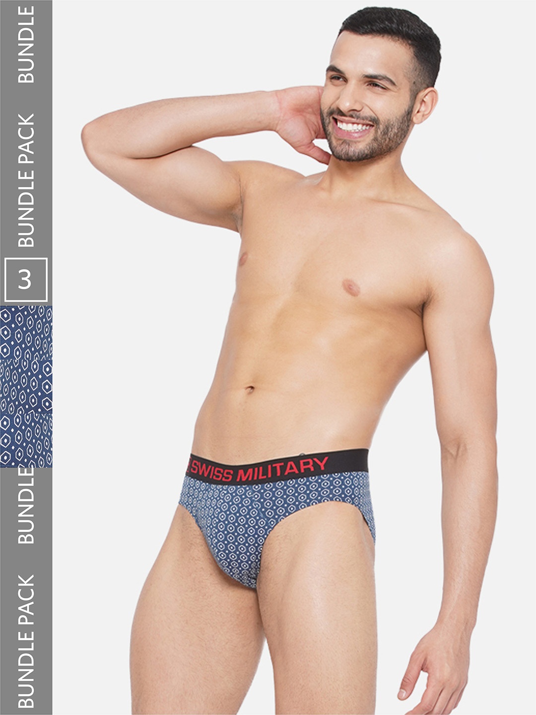 

SWISS MILITARY Men Mid-Rise Pack of 3 Geometric Printed Cotton Briefs, Blue