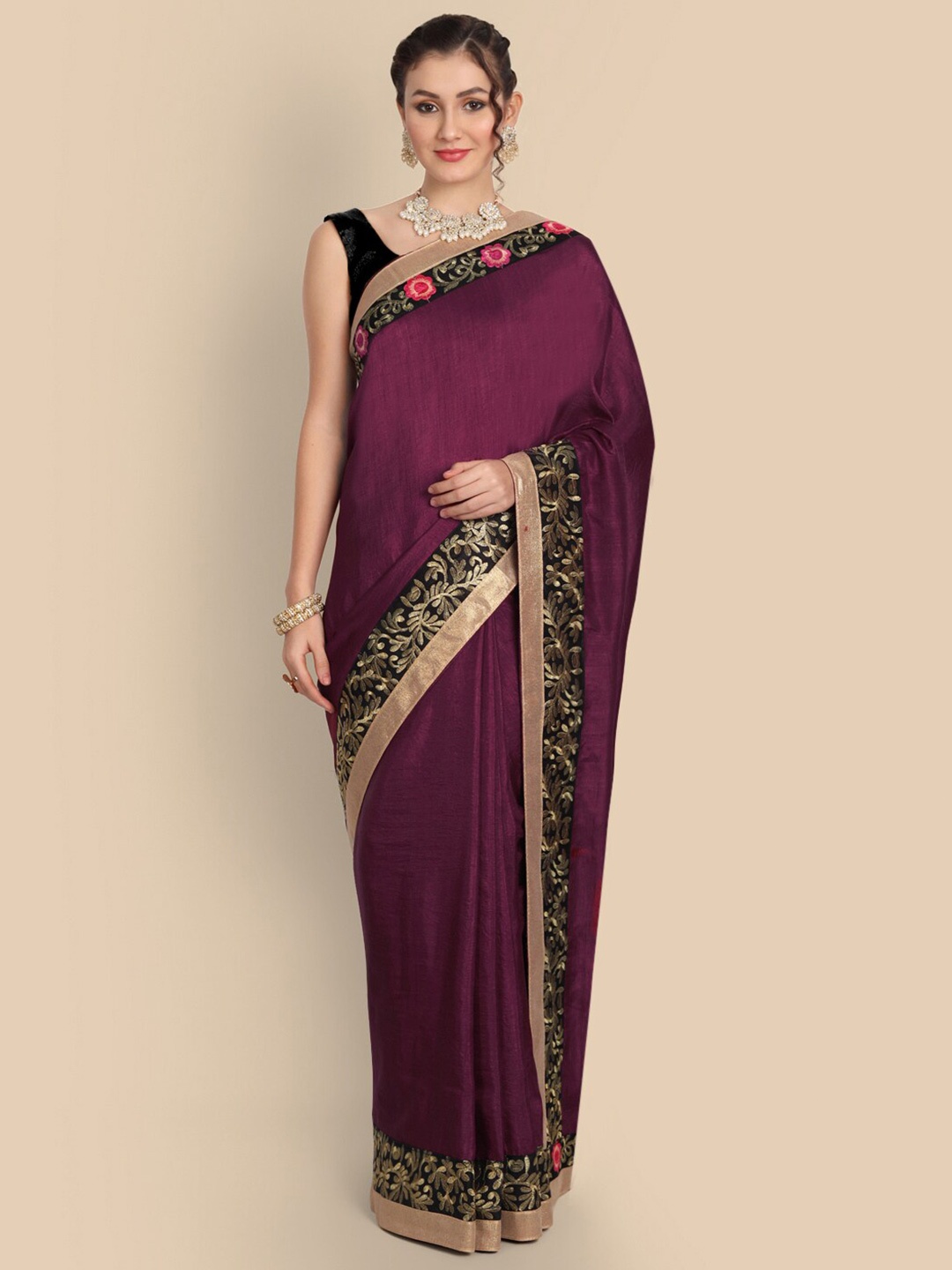 

Kuki Floral Embroidered Art Silk Saree, Purple