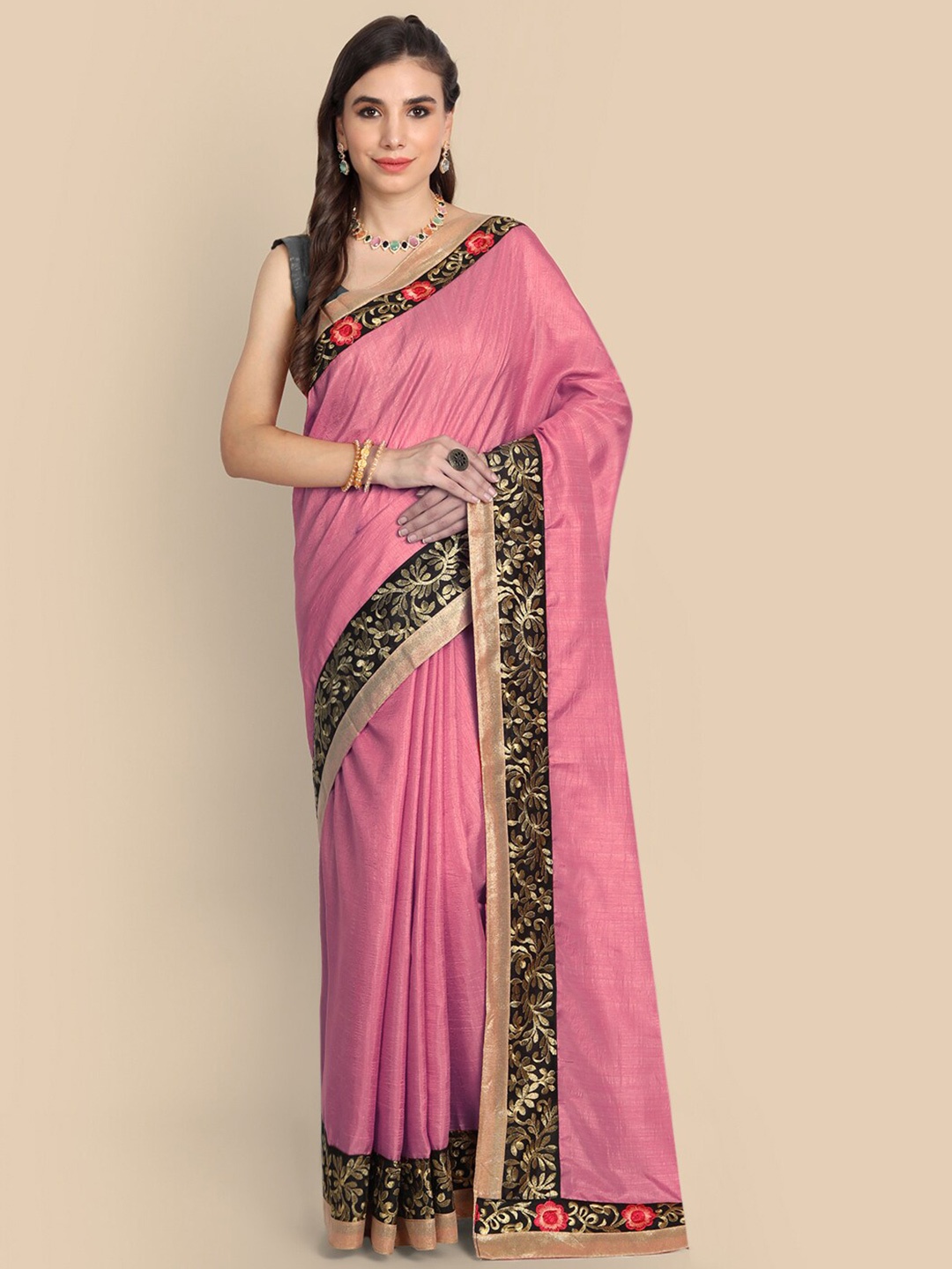 

Kuki Pink Floral Embroidered Art Silk Saree