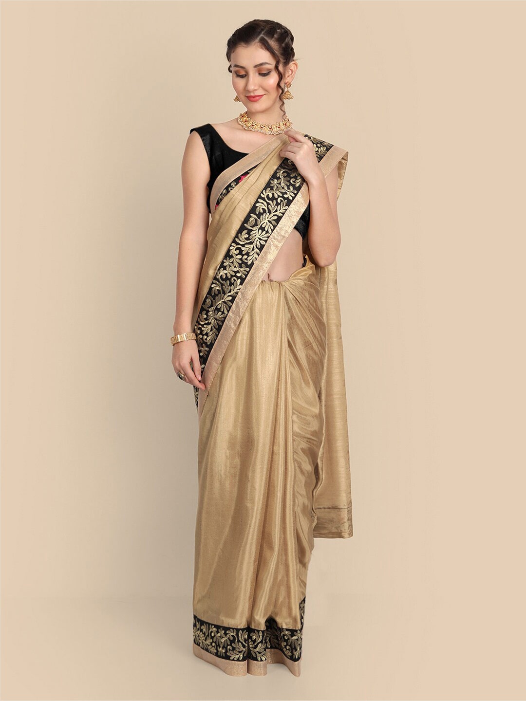 

Kuki Floral Embroidered Art Silk Saree, Beige