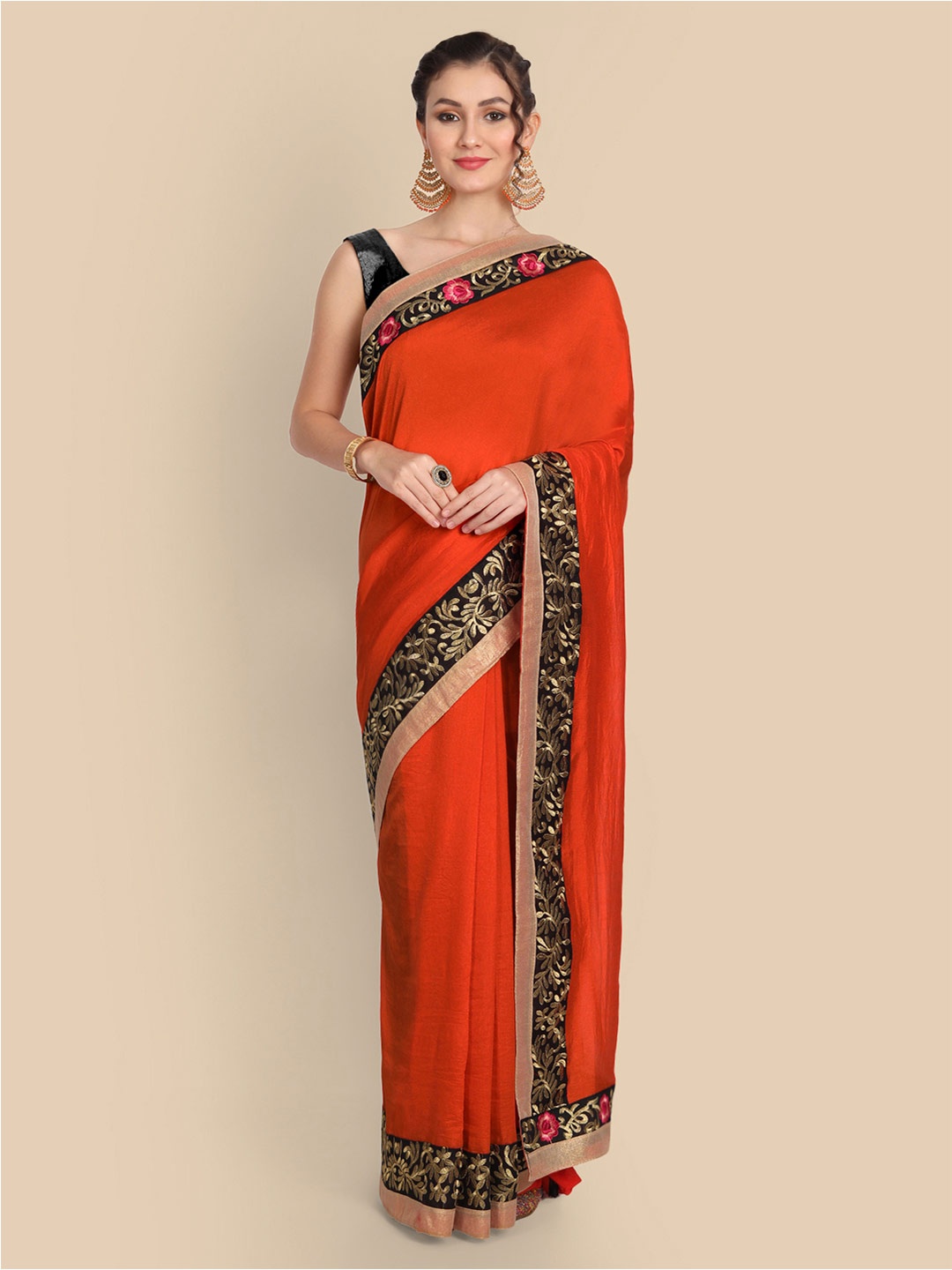 

Kuki Floral Embroidered Art Silk Saree, Orange