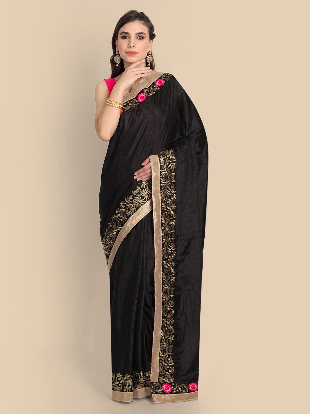 

Kuki Embroidered Art Silk Kanjeevaram Saree, Black