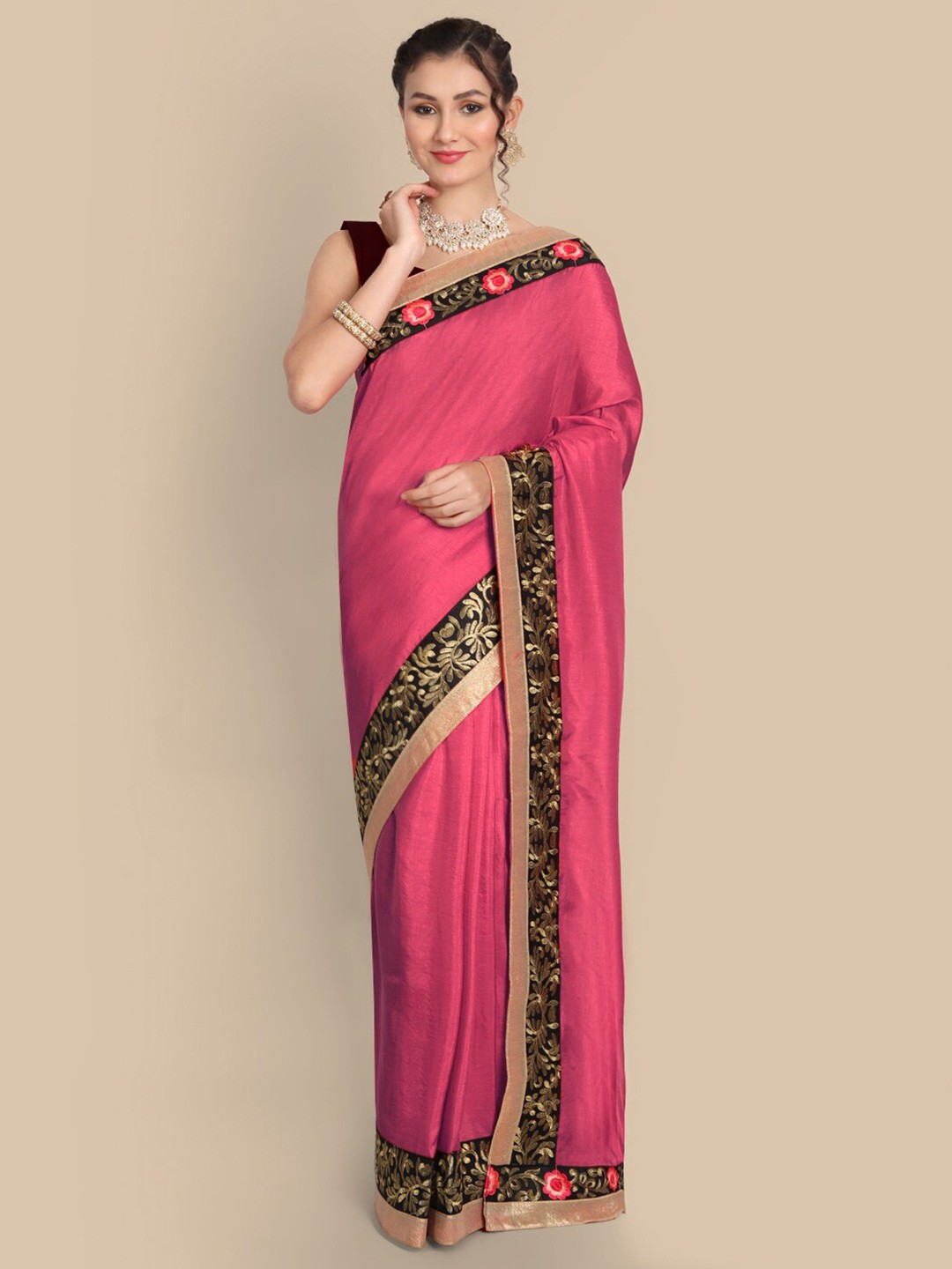 

Kuki Floral Embroidered Art Silk Saree, Pink