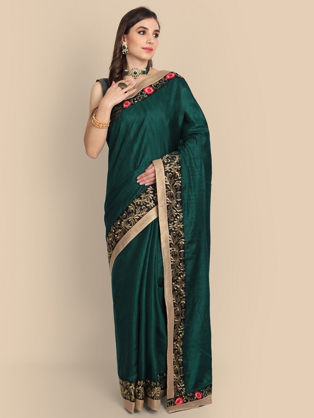 

Kuki Floral Embroidered Border Art Silk Kanjeevaram Saree, Green