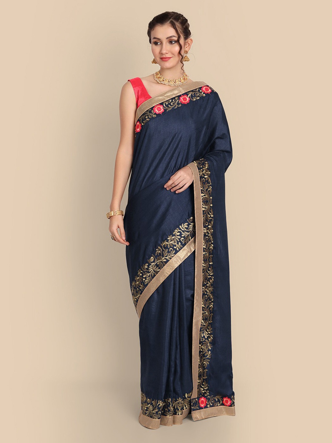 

Kuki Floral Embroidered Art Silk Saree, Blue