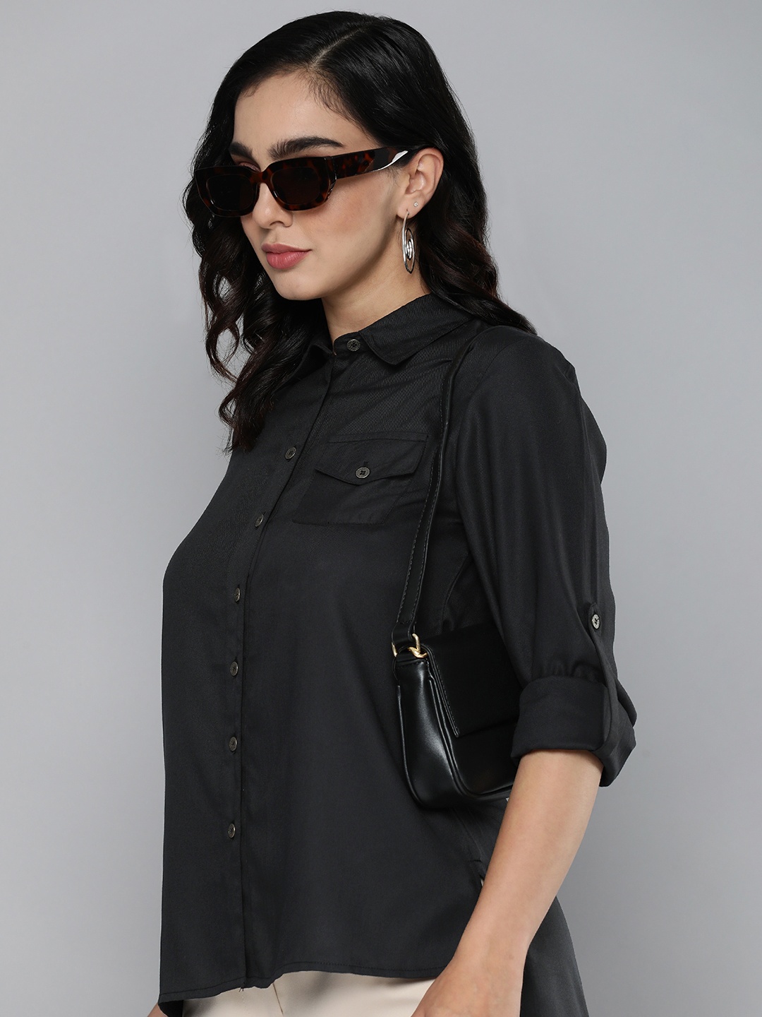 

HERE&NOW Women Solid Dobby Georgette Casual Shirt, Black