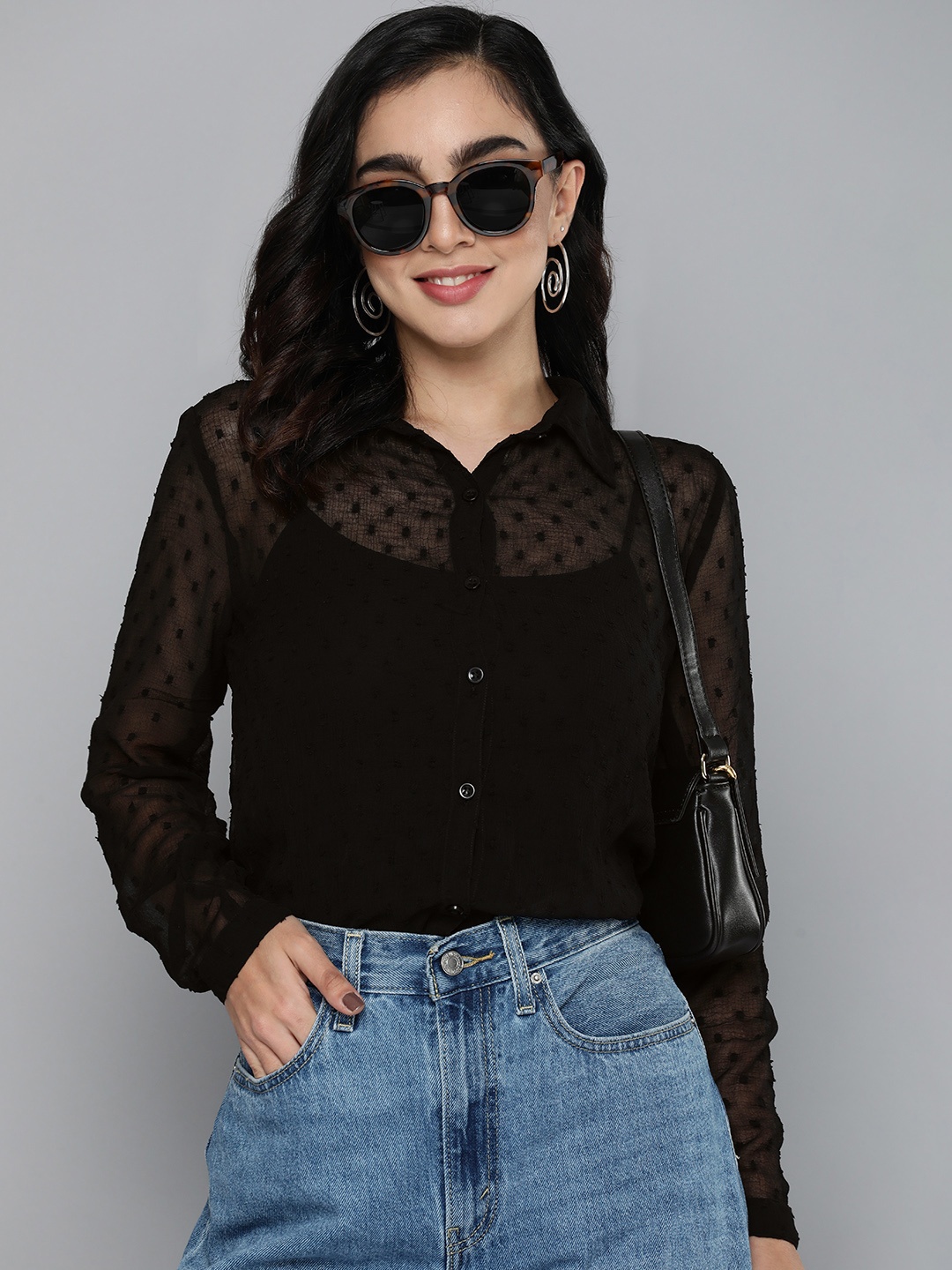 

HERE&NOW Women Semi Sheer Casual Shirt, Black