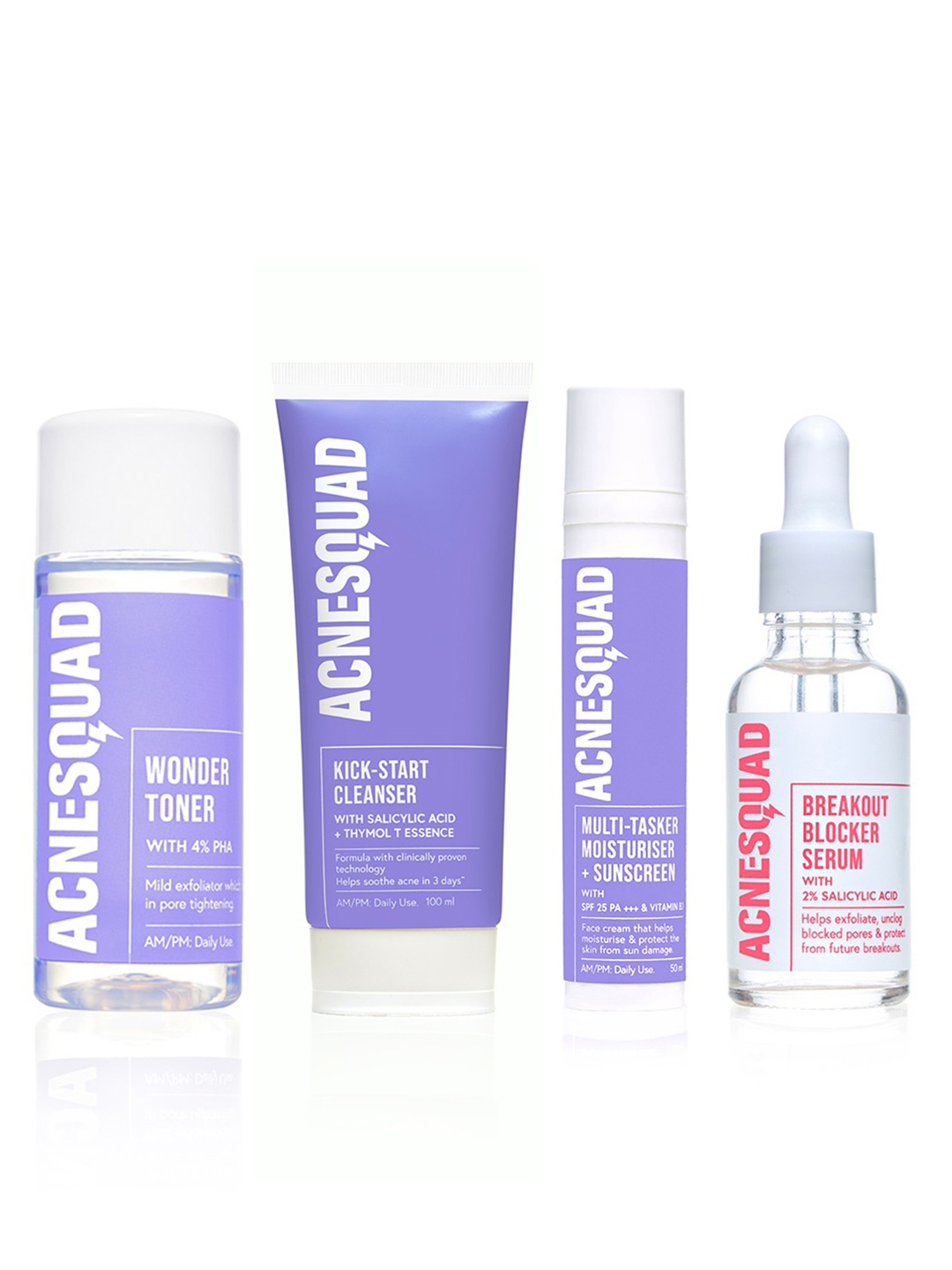 

Acne Squad Face Cleanser 100ml + Toner 100ml + SPF25 Moisturizer 50ml + Face Serum 30ml, Pink