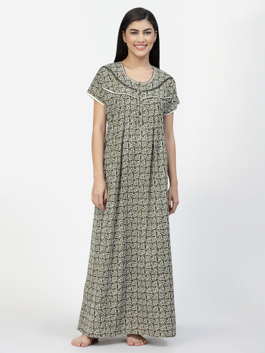 

Sweet Dreams Olive Green Floral Printed Pure Cotton Maxi Nightdress