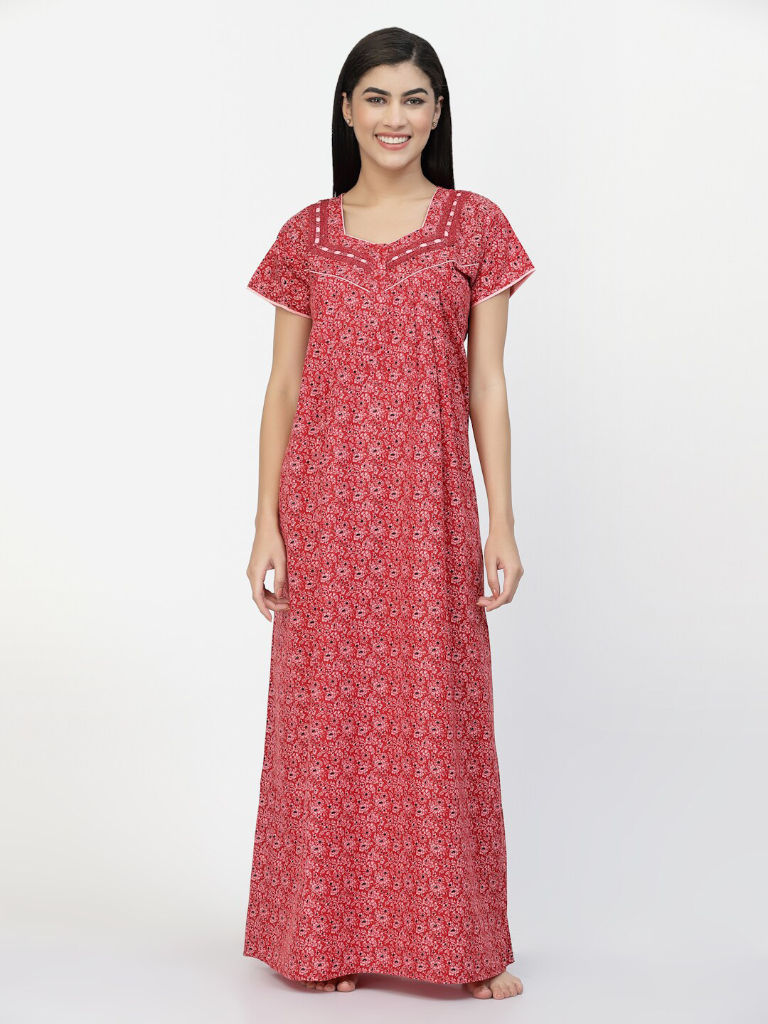 

Sweet Dreams Red Floral Printed Pure Cotton Maxi Nightdress