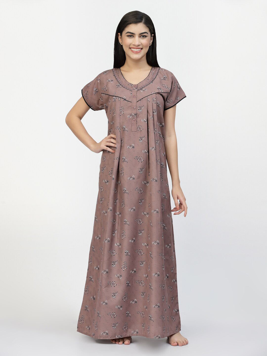 

Sweet Dreams Brown Floral Printed Pure Cotton Maxi Nightdress