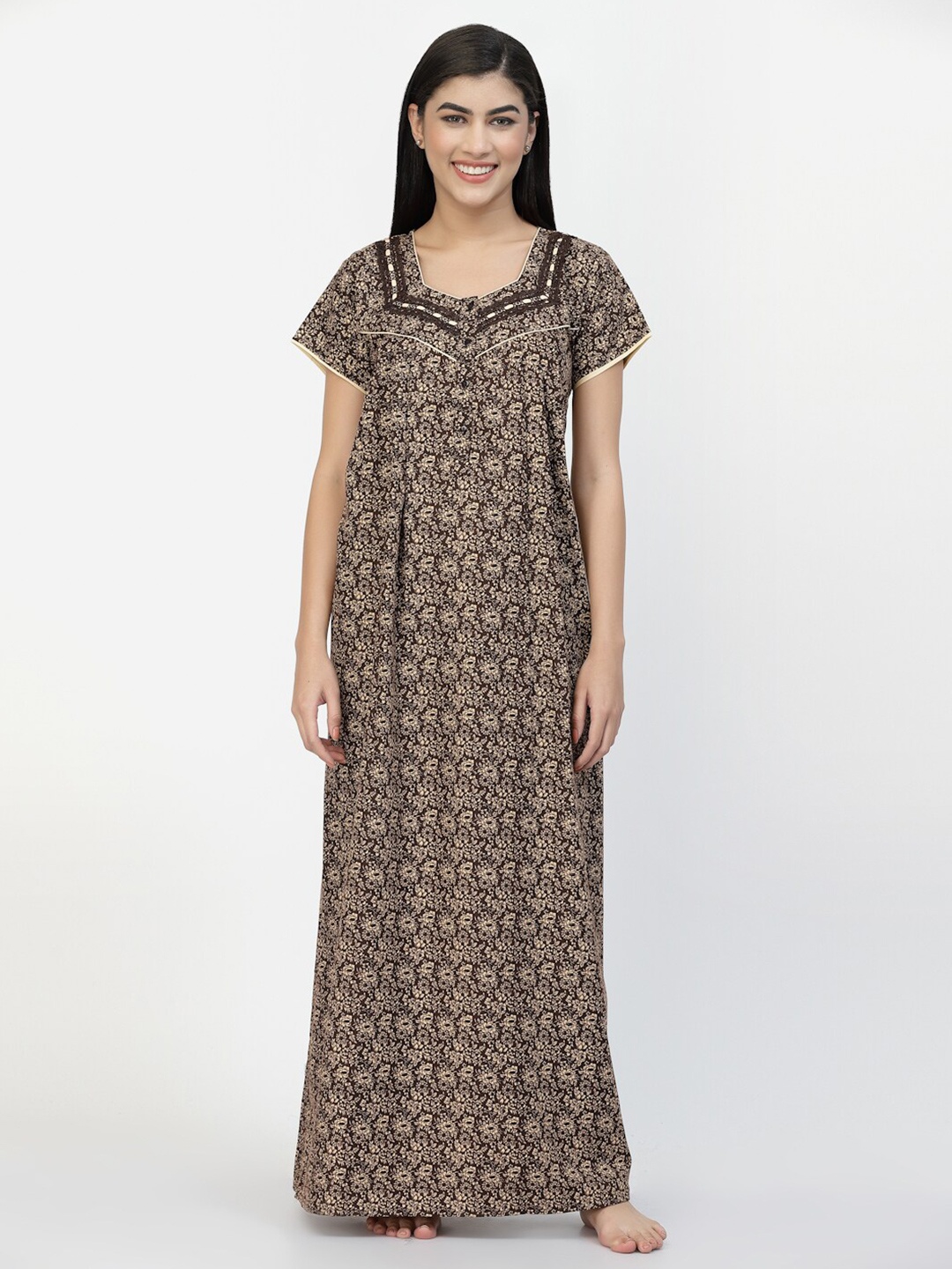 

Sweet Dreams Brown Floral Printed Pure Cotton Maxi Nightdress