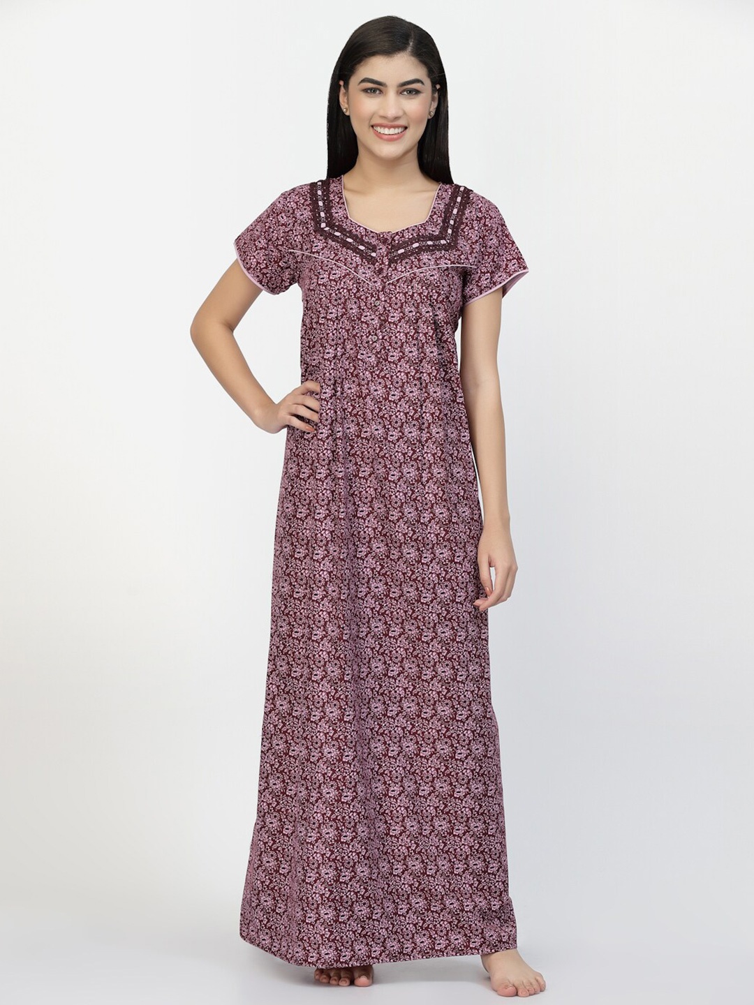 

Sweet Dreams Purple Floral Printed Pure Cotton Maxi Nightdress