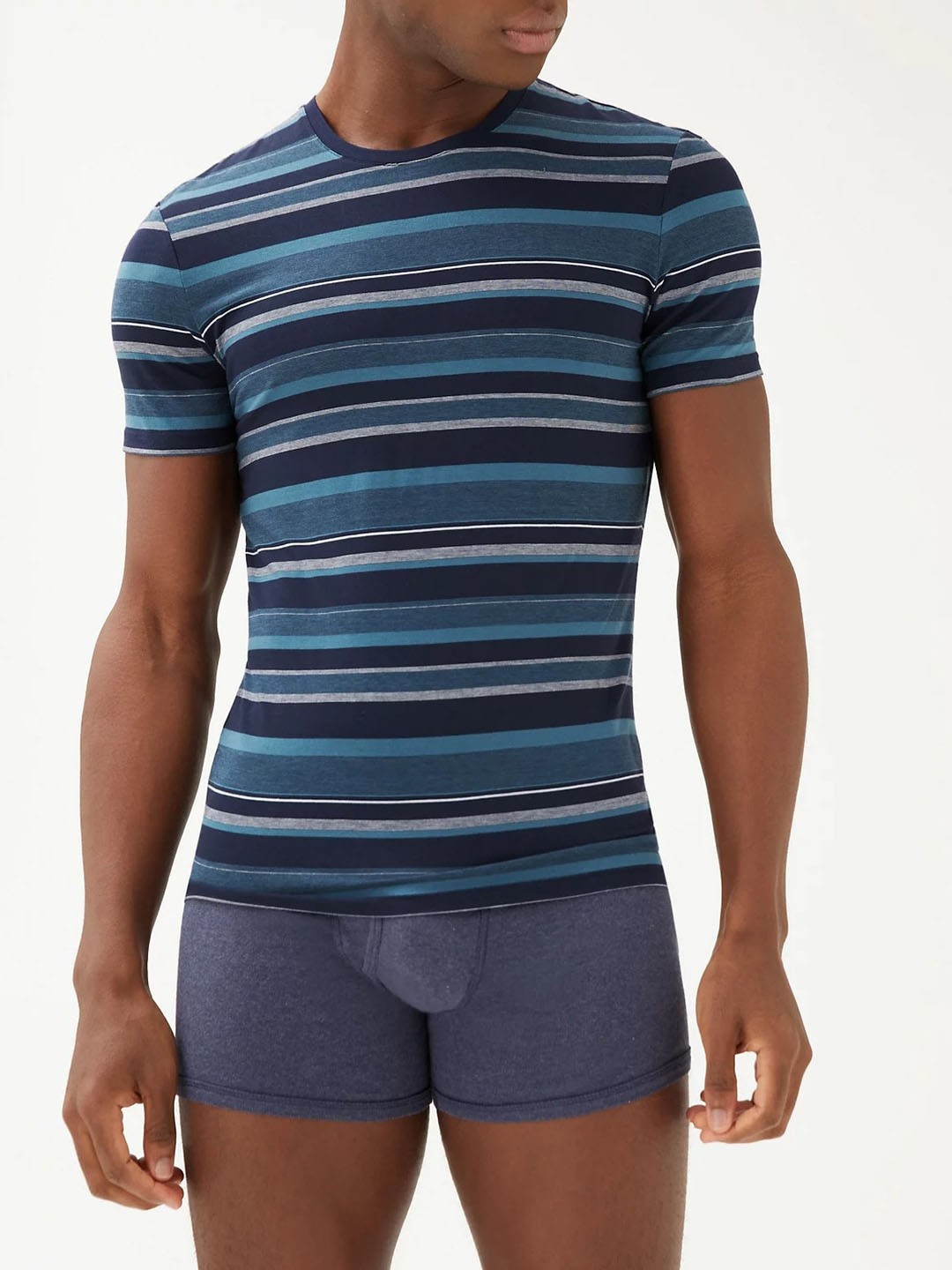 

Marks & Spencer Men Striped Round Neck Modal Lounge Tshirts, Navy blue