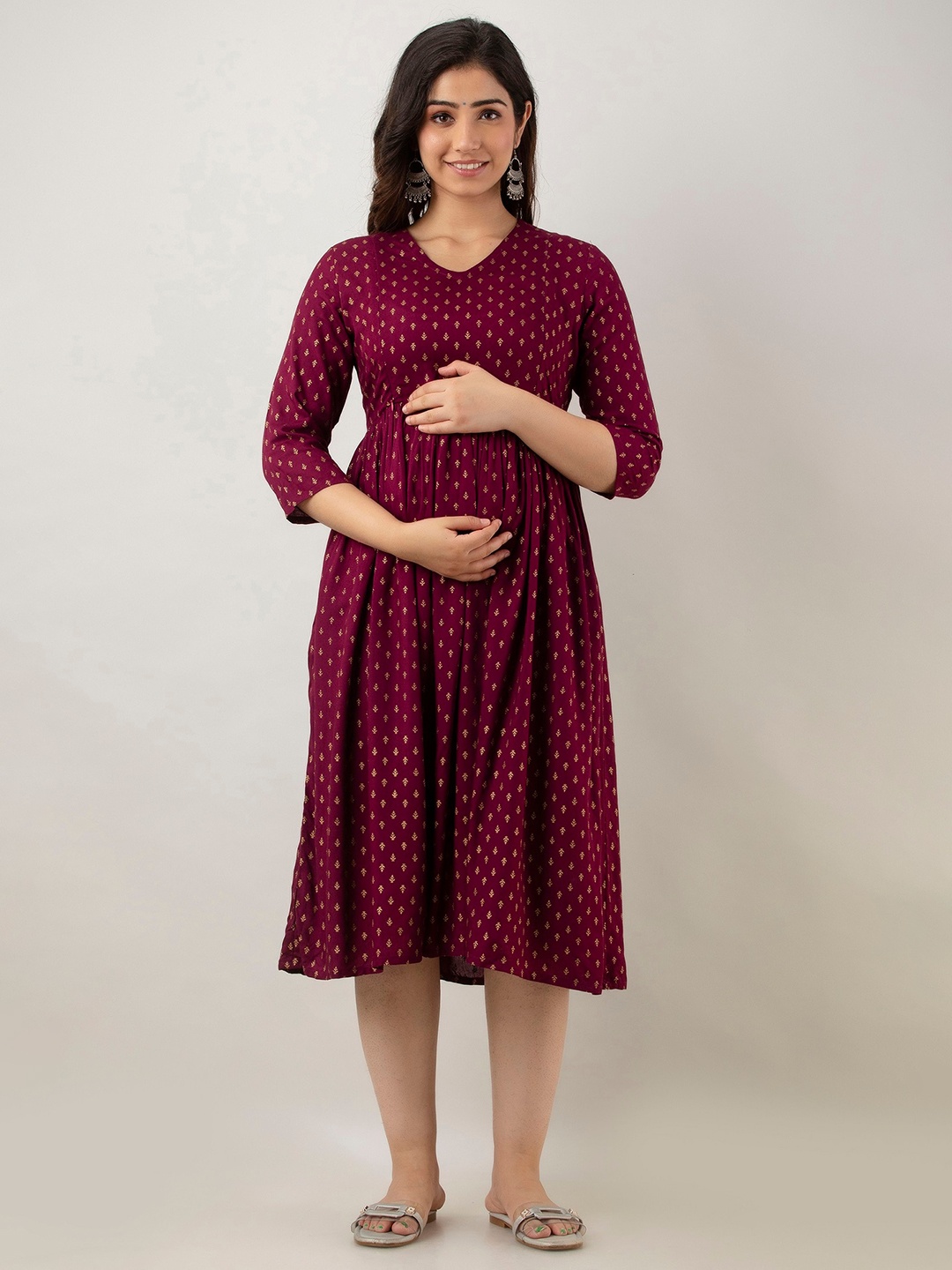 

misbis Ethnic Motif Printed Maternity Fit & Flare Midi Ethnic Dress, Purple