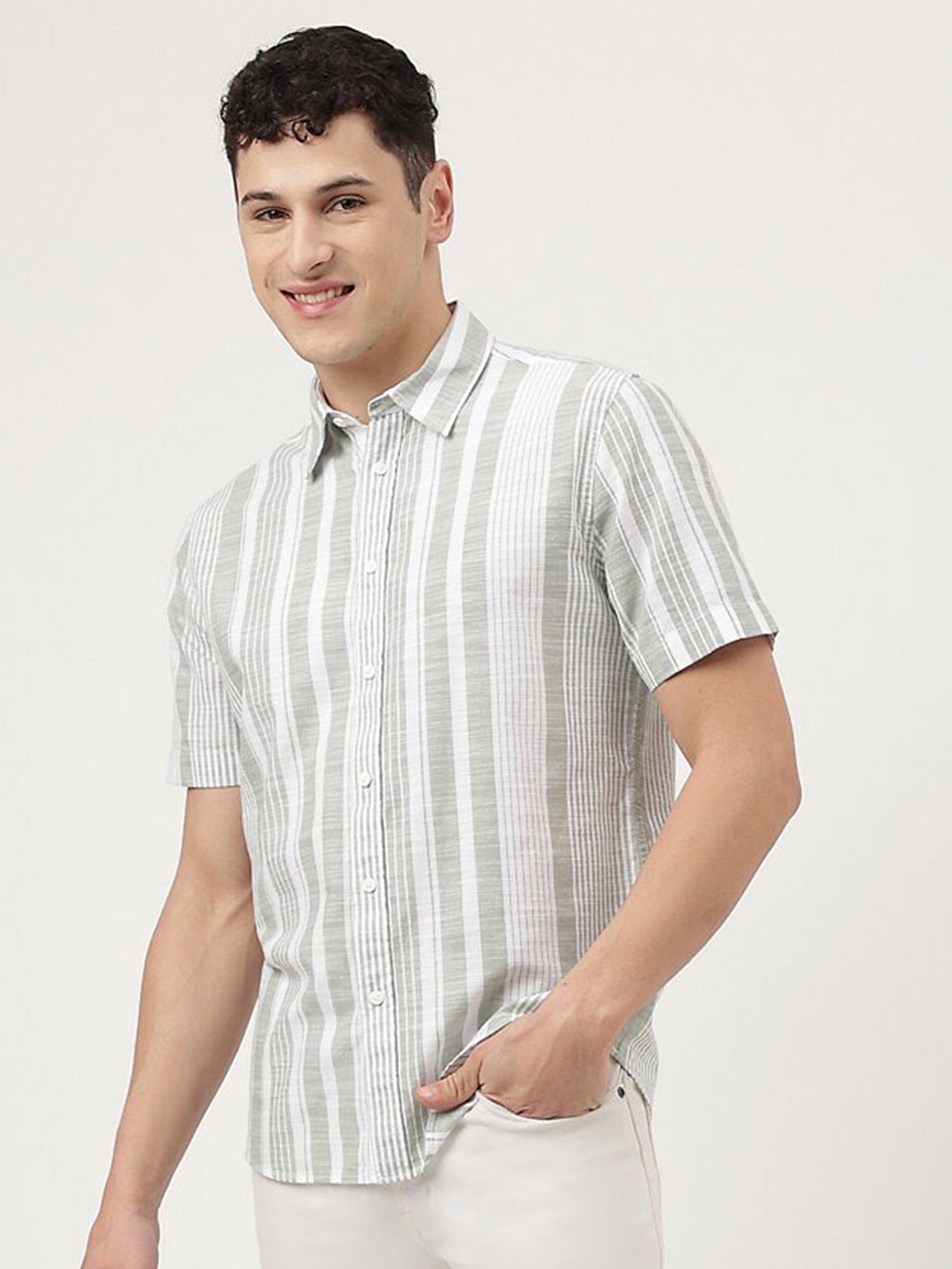 

Marks & Spencer Vertical Striped Pure Cotton Casual Shirt, Green