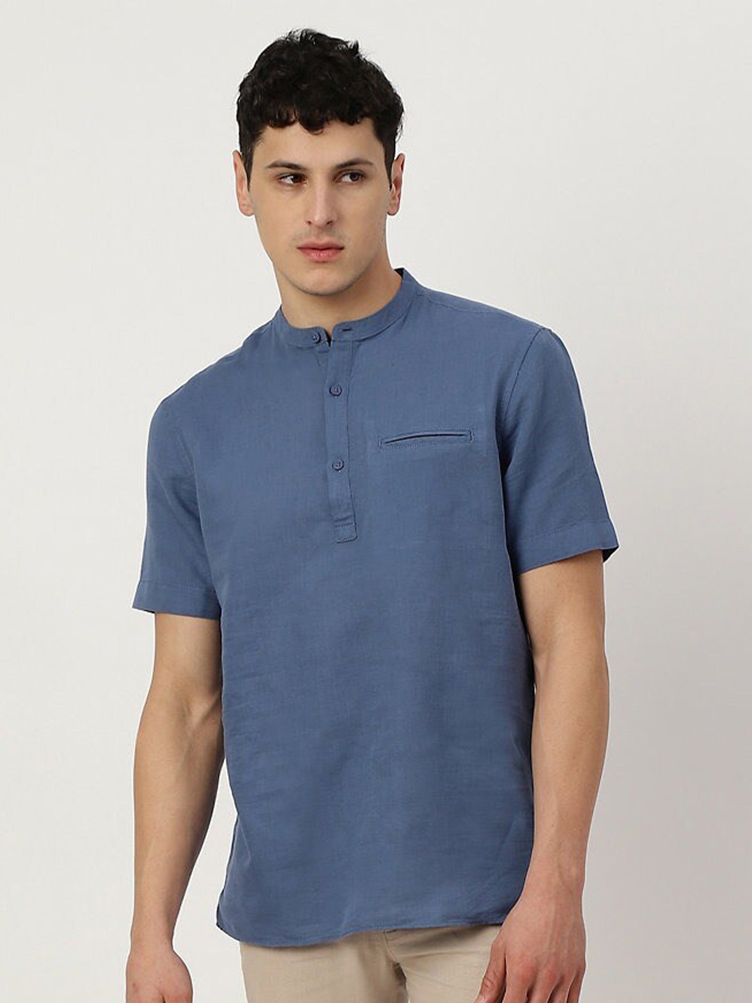 

Marks & Spencer Mandarin Collar Pure Cotton Casual Shirt, Blue