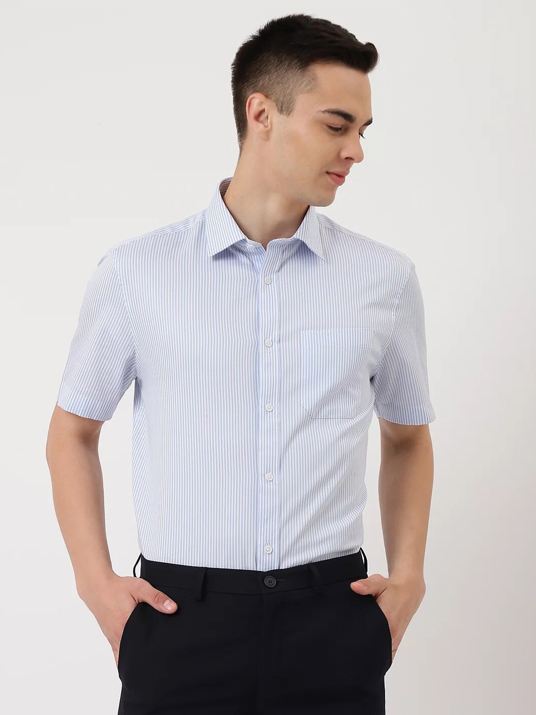 

Marks & Spencer Striped Spread Collar Pure Cotton Formal Shirt, Blue